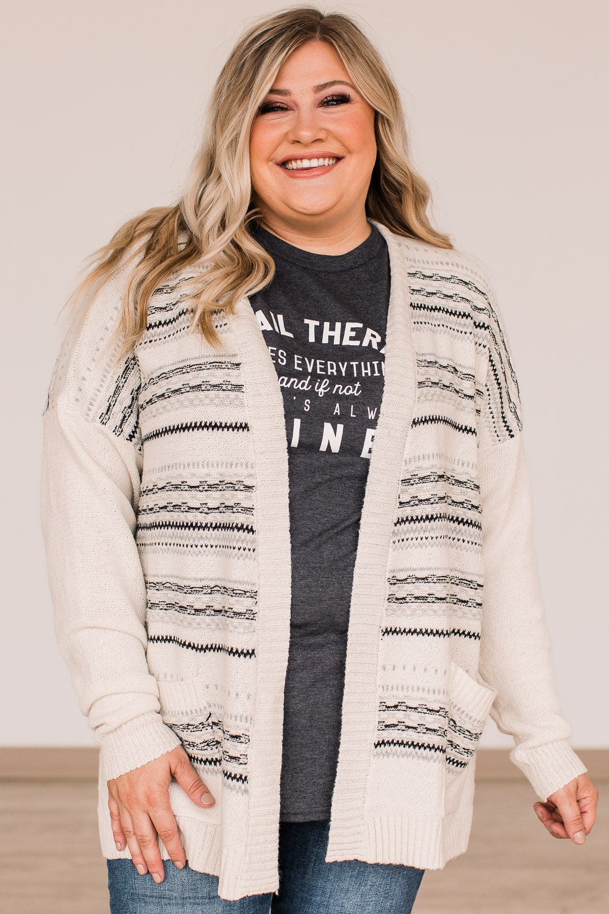 Speak Your Mind Knit Cardigan- Ivory & Grey - Image 3