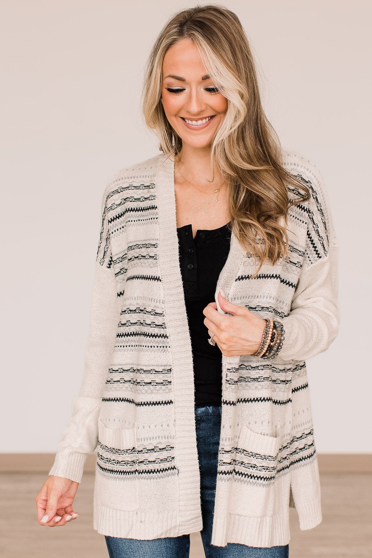 Speak Your Mind Knit Cardigan- Ivory & Grey - Image 4