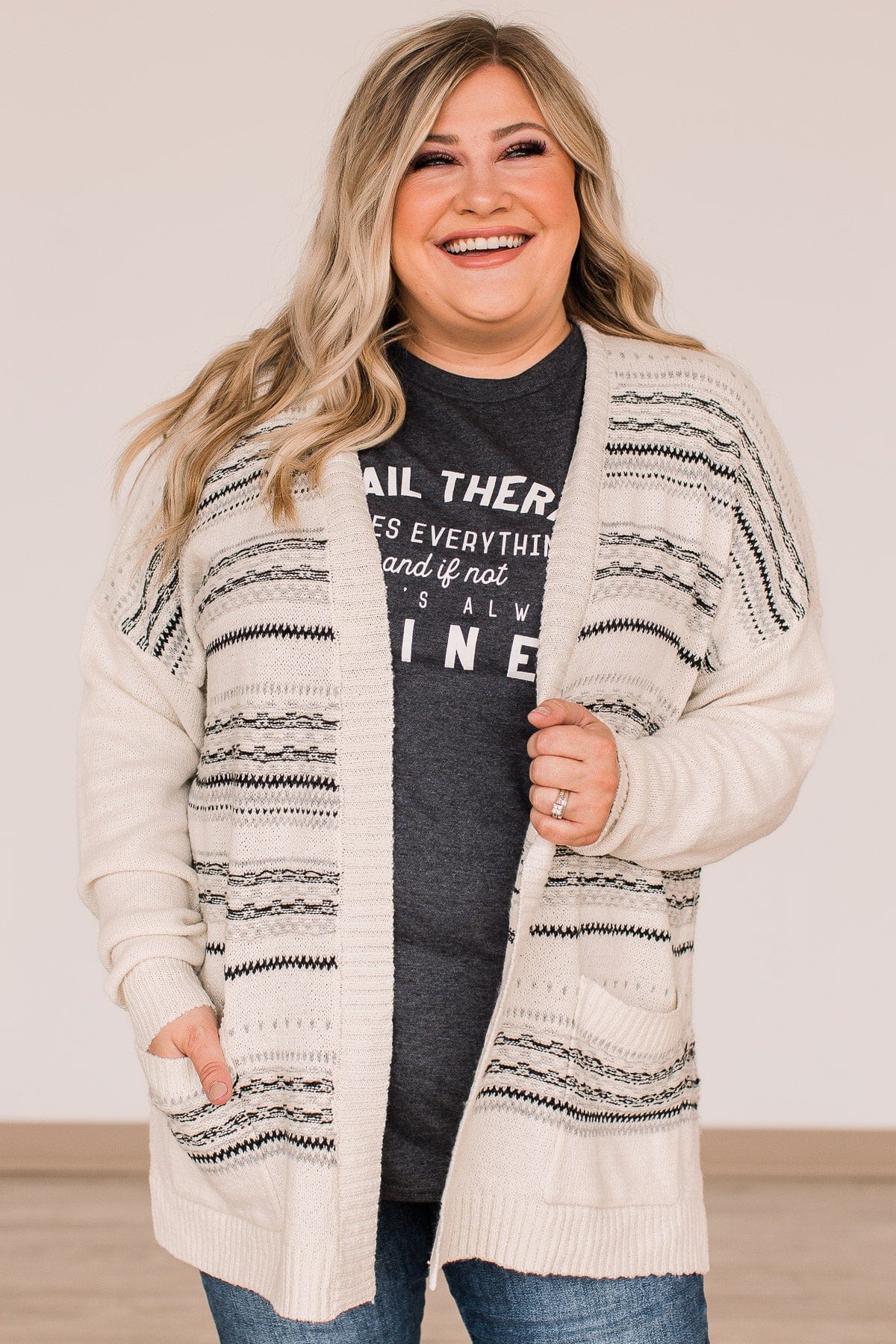 Speak Your Mind Knit Cardigan- Ivory & Grey - Image 5