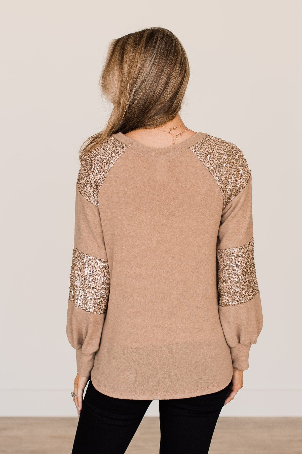 Special Moments Sequin Top- Light Mocha - Image 7