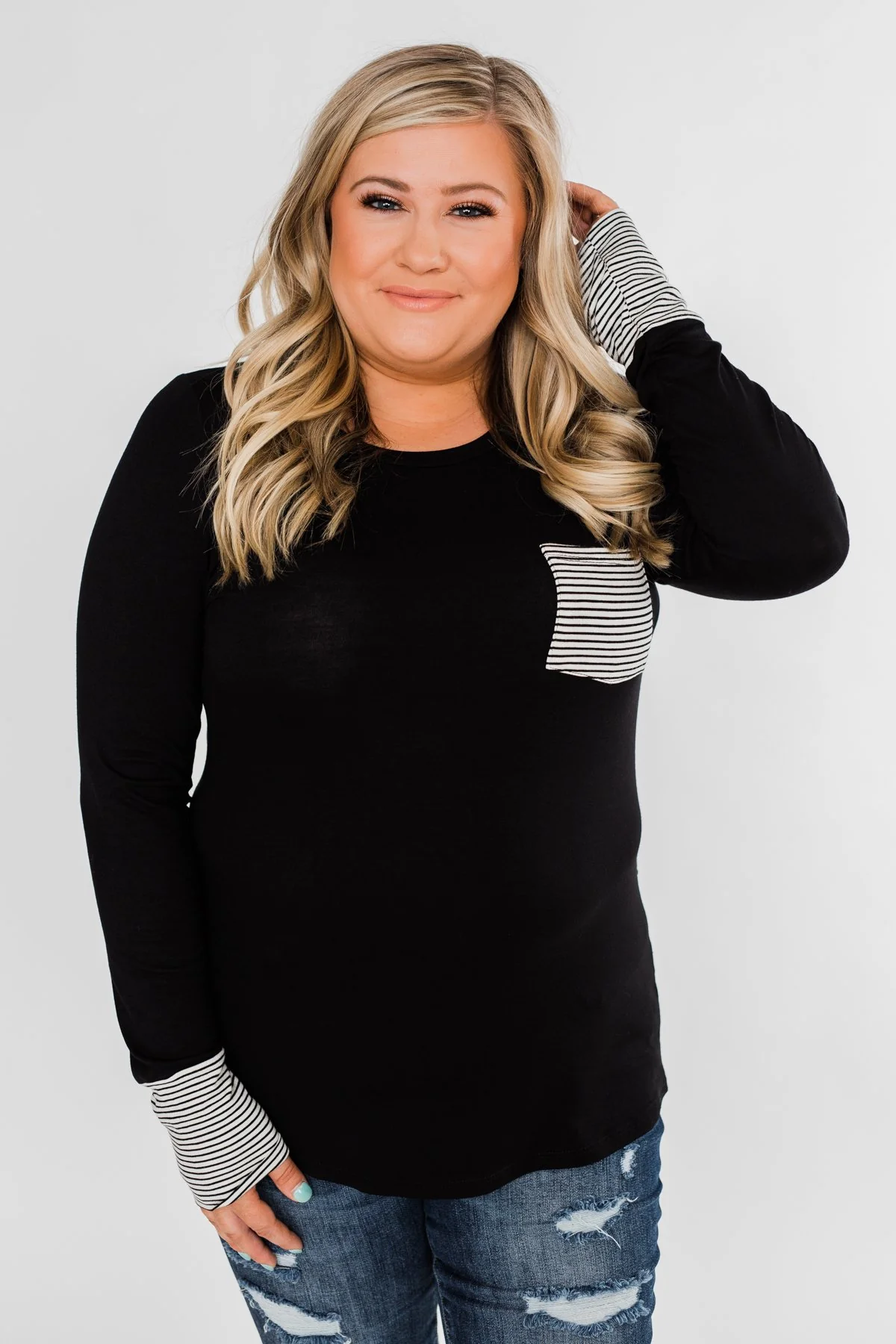 Special to Me Striped Detail Long Sleeve Top- Black - Image 13
