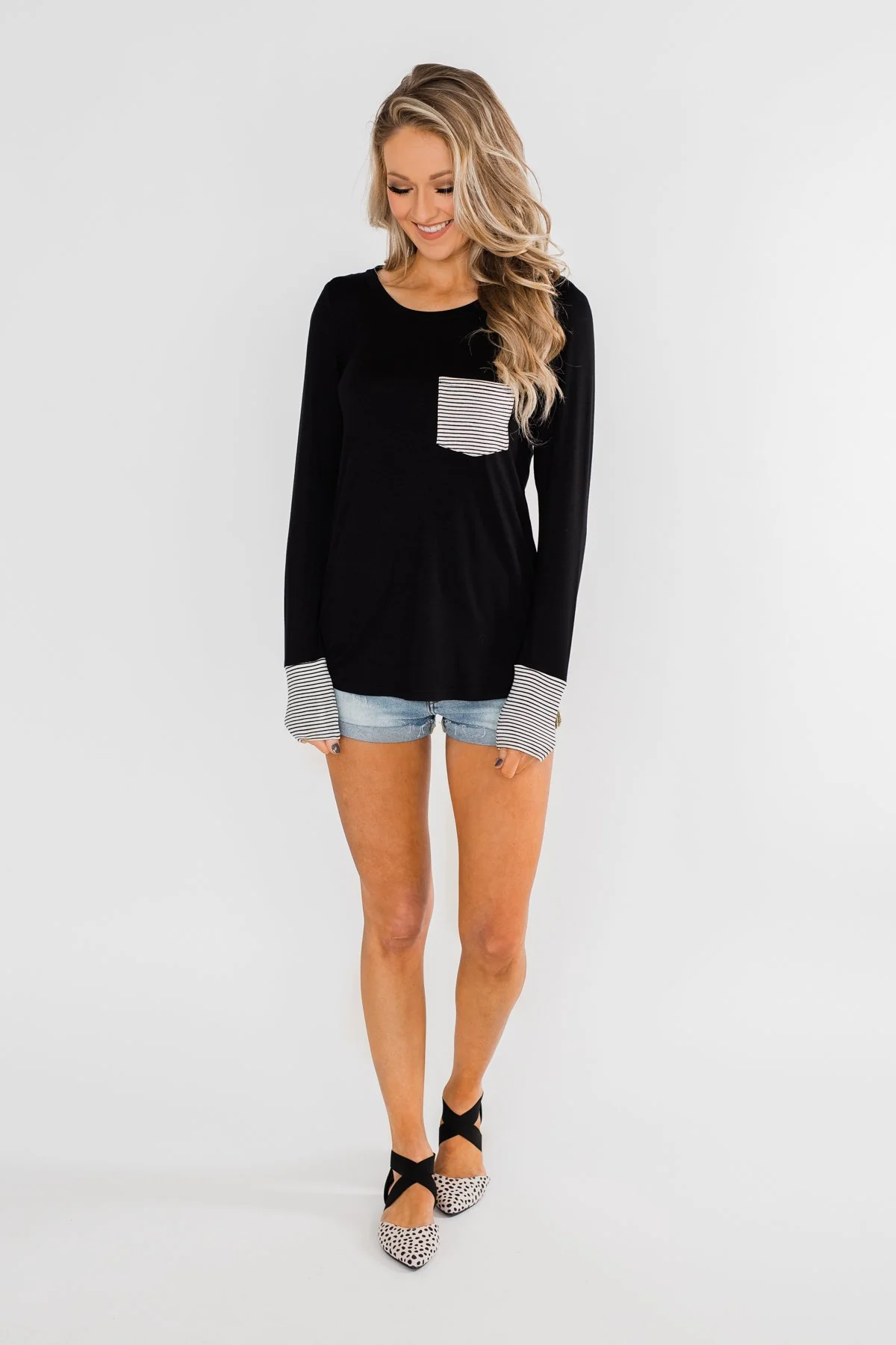 Special to Me Striped Detail Long Sleeve Top- Black - Image 4