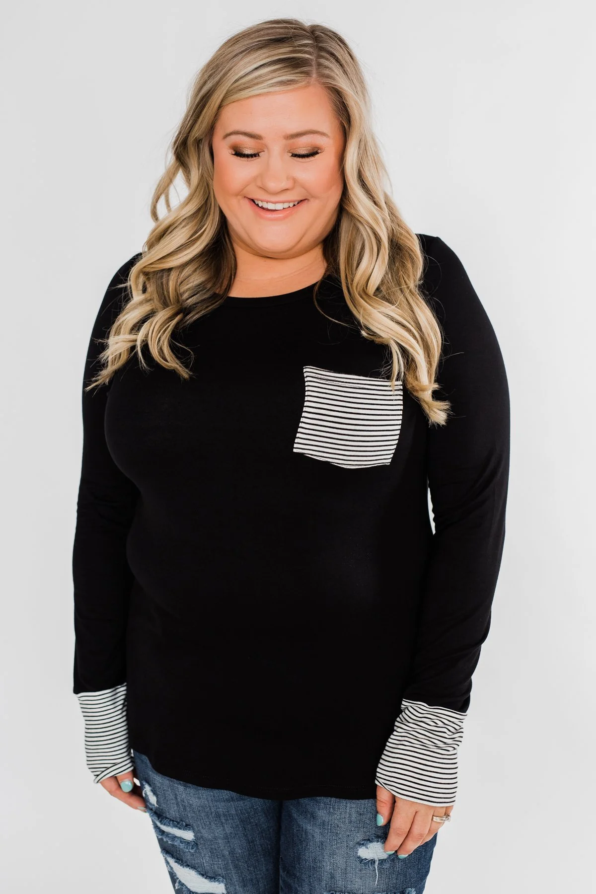 Special to Me Striped Detail Long Sleeve Top- Black - Image 7