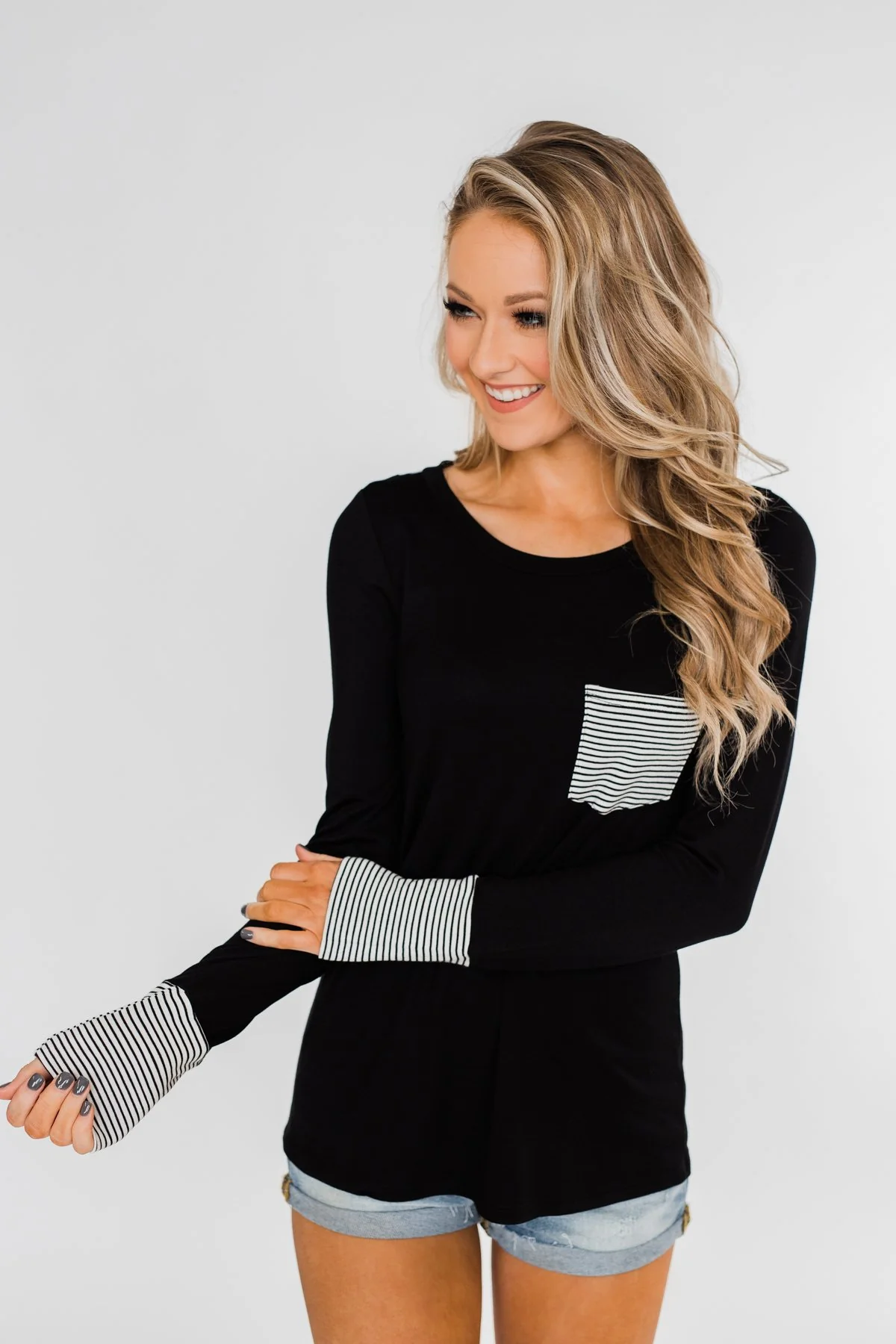 Special to Me Striped Detail Long Sleeve Top- Black - Image 9