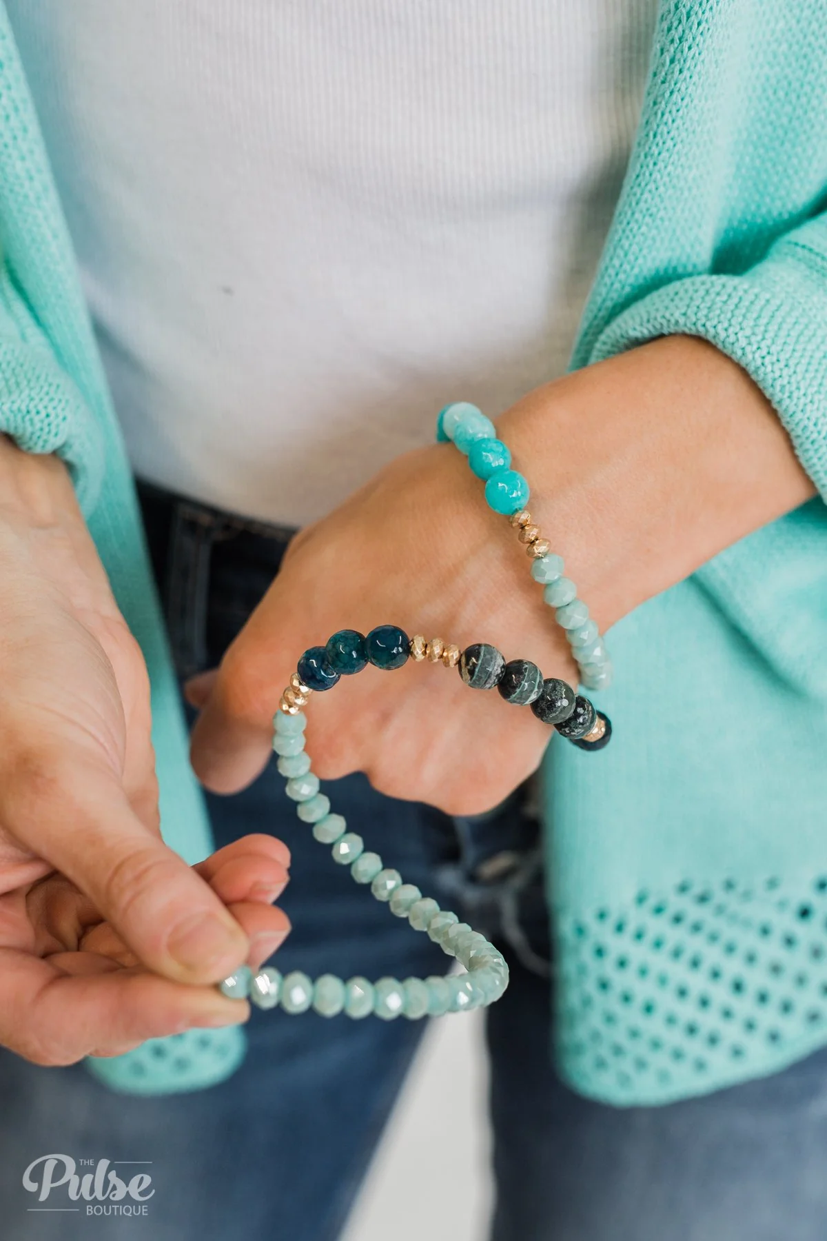 Spiral Coil Beaded Bracelet- Teal - Image 4