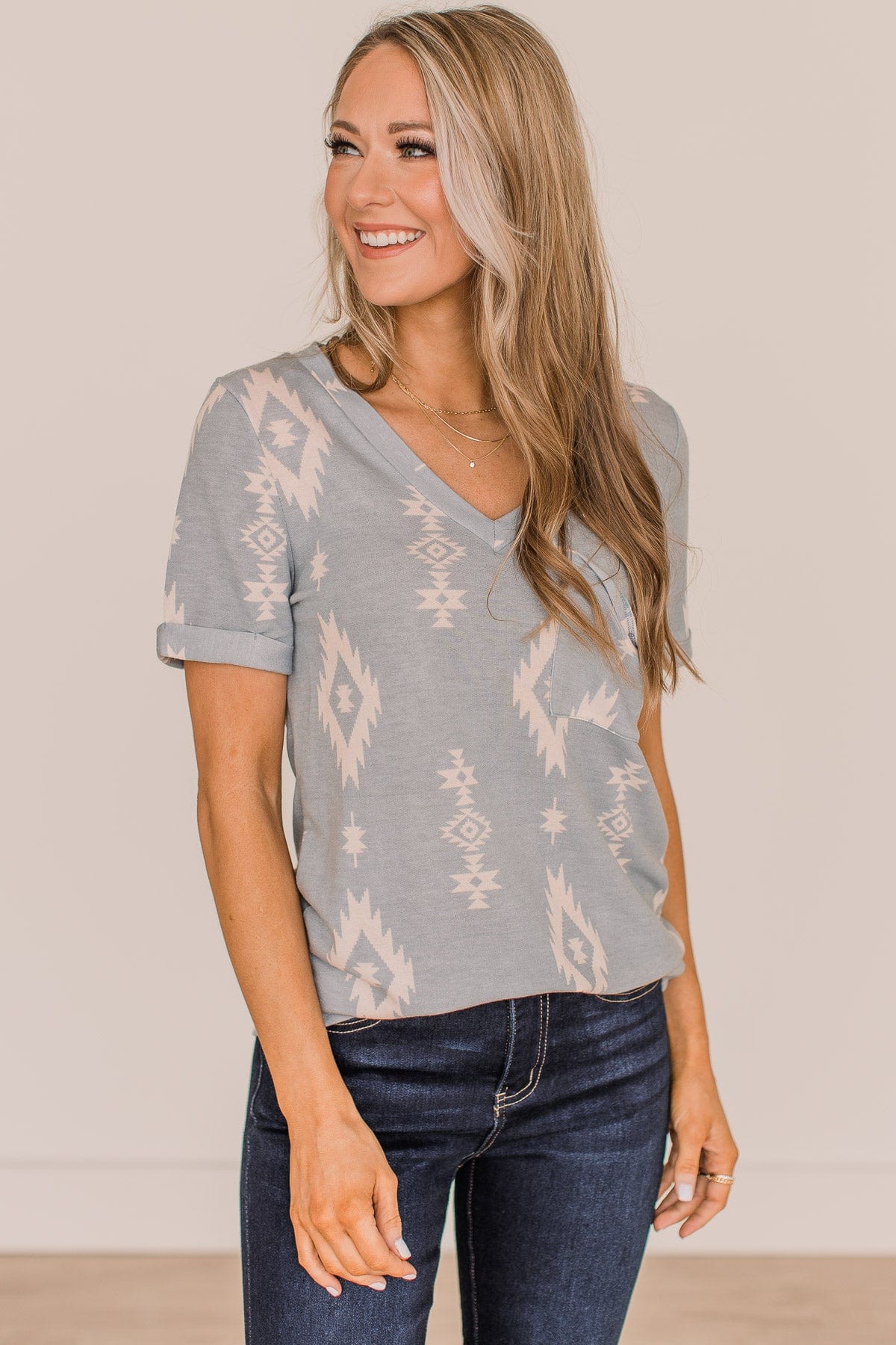 Spread Your Wings Aztec Print Top- Dusty Blue - Image 4