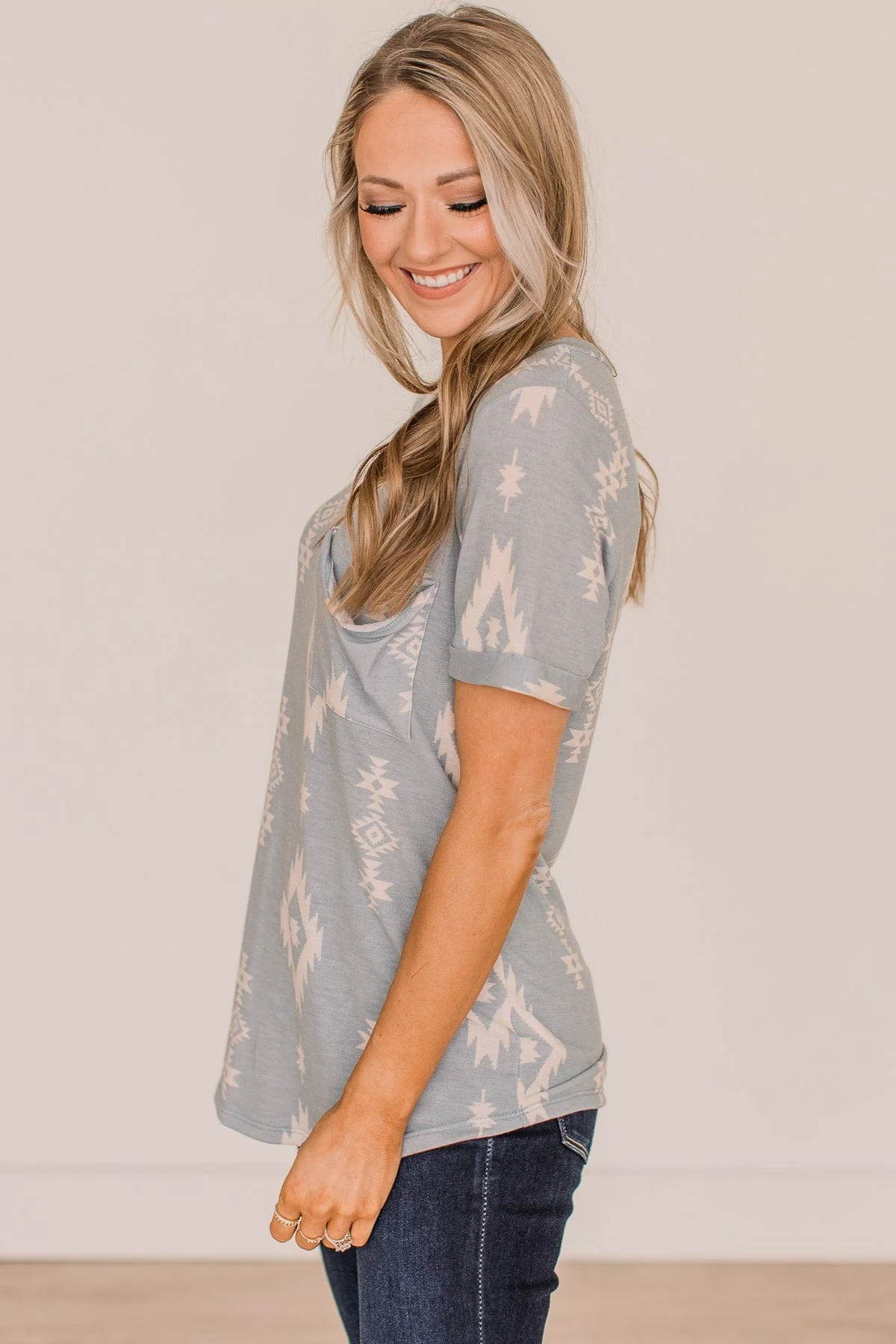 Spread Your Wings Aztec Print Top- Dusty Blue - Image 6