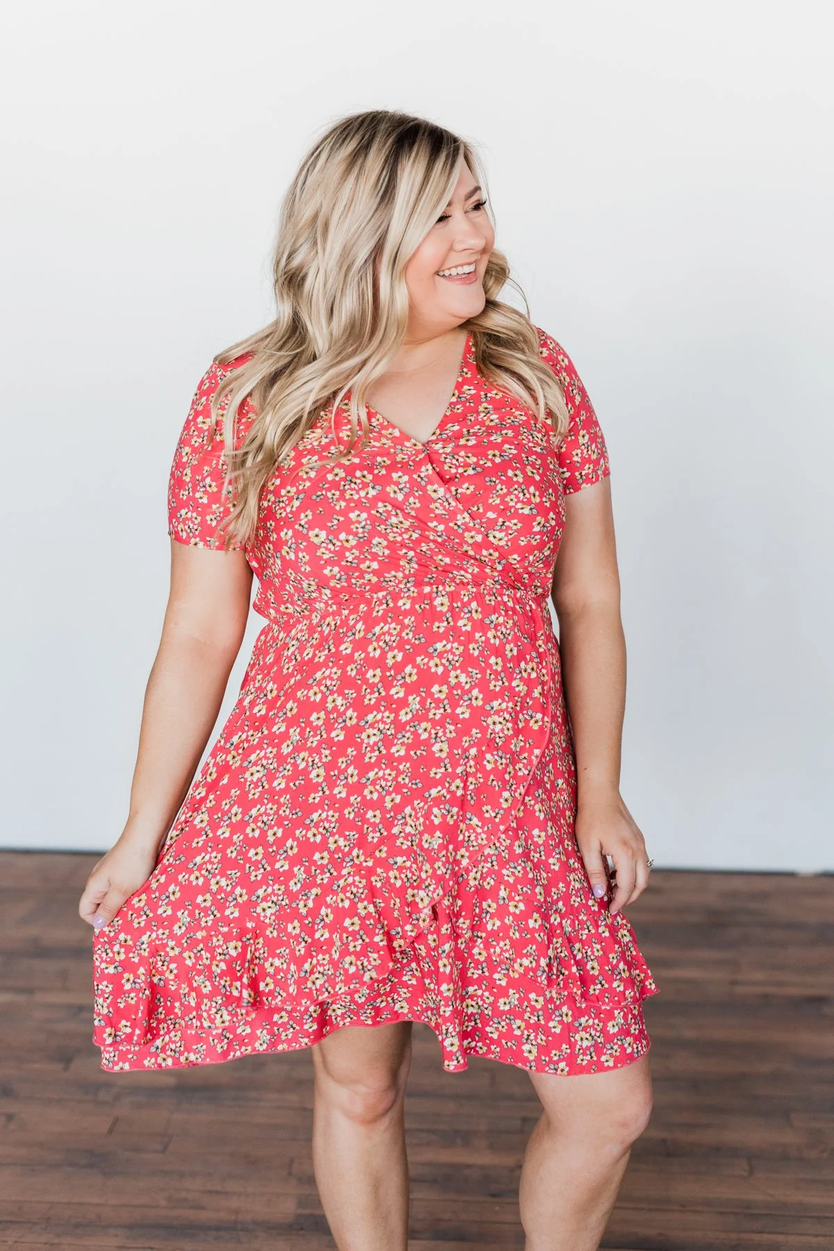 Spring Anticipation Floral Wrap Dress- Coral - Image 8