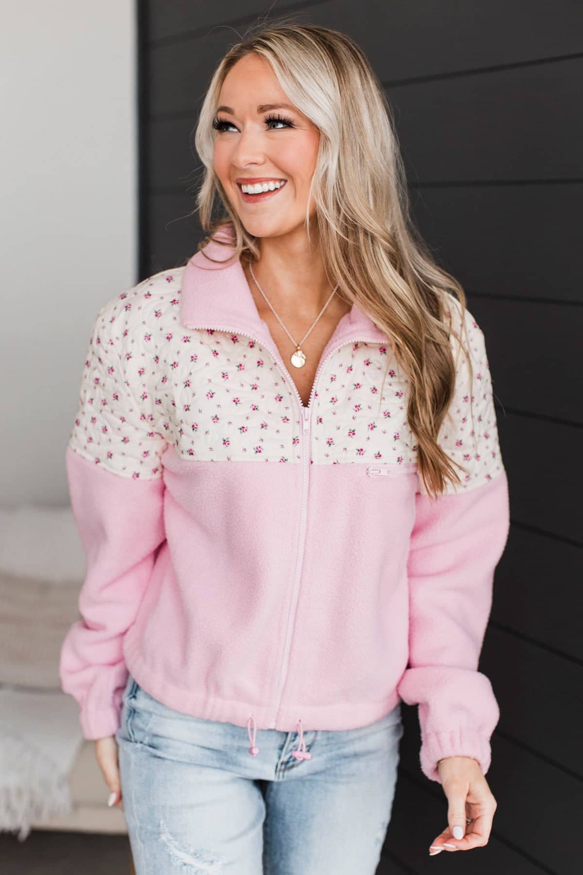 Spring Appears Fleece Zip-Up Jacket- Pink - Image 2
