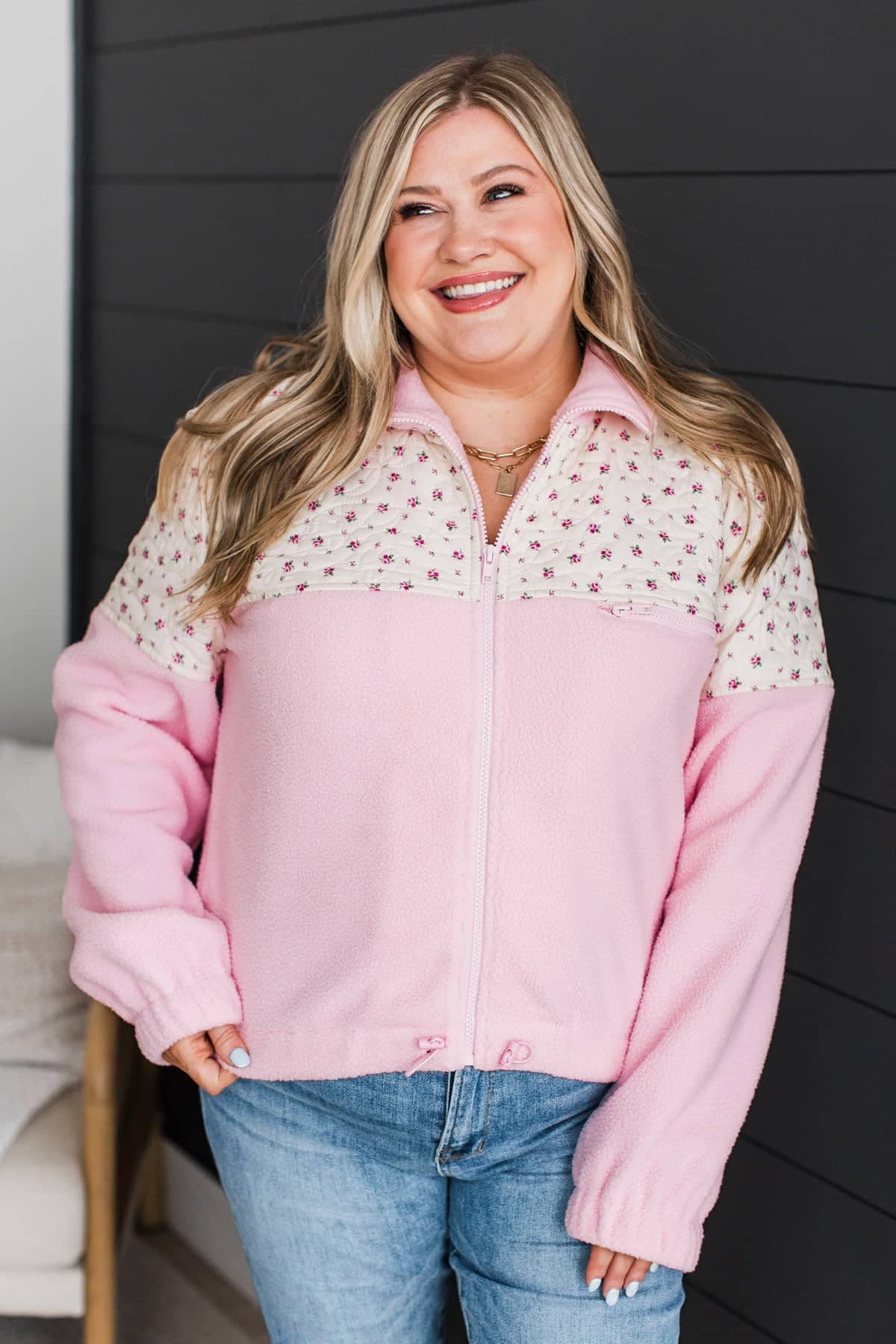Spring Appears Fleece Zip-Up Jacket- Pink - Image 3