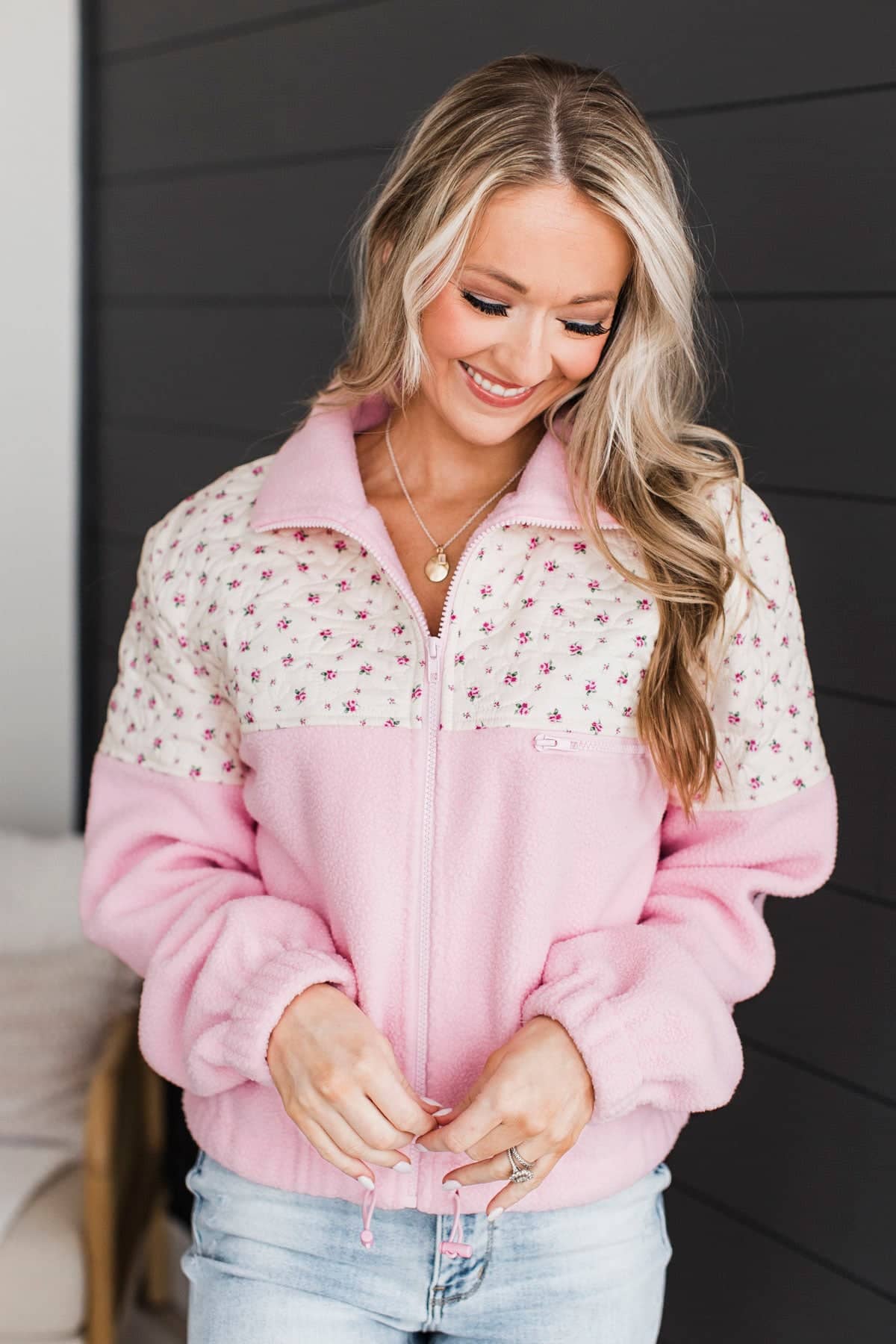 Spring Appears Fleece Zip-Up Jacket- Pink - Image 4