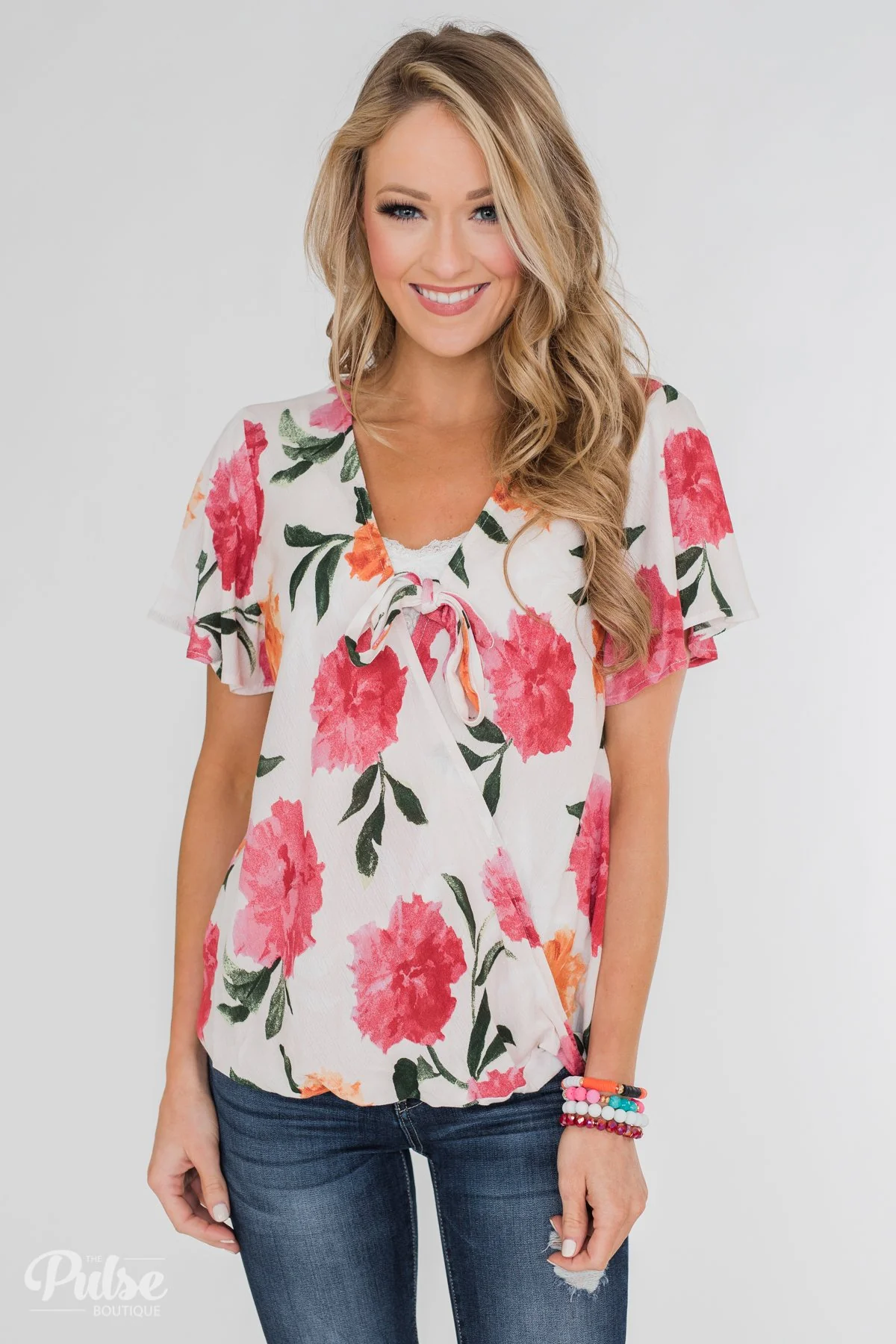 Spring is in the Air Floral Front Tie & Wrap Blouse- Blush