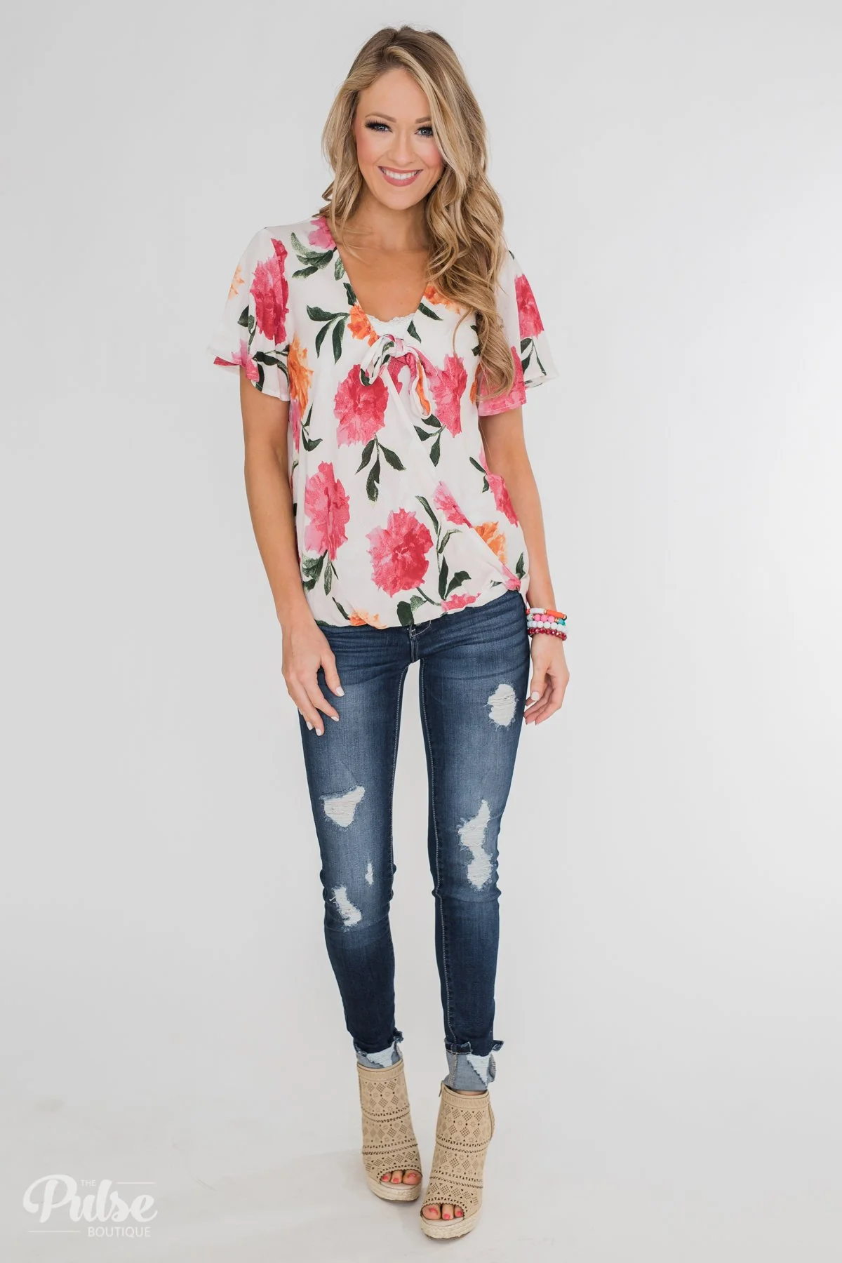 Spring is in the Air Floral Front Tie & Wrap Blouse- Blush - Image 4