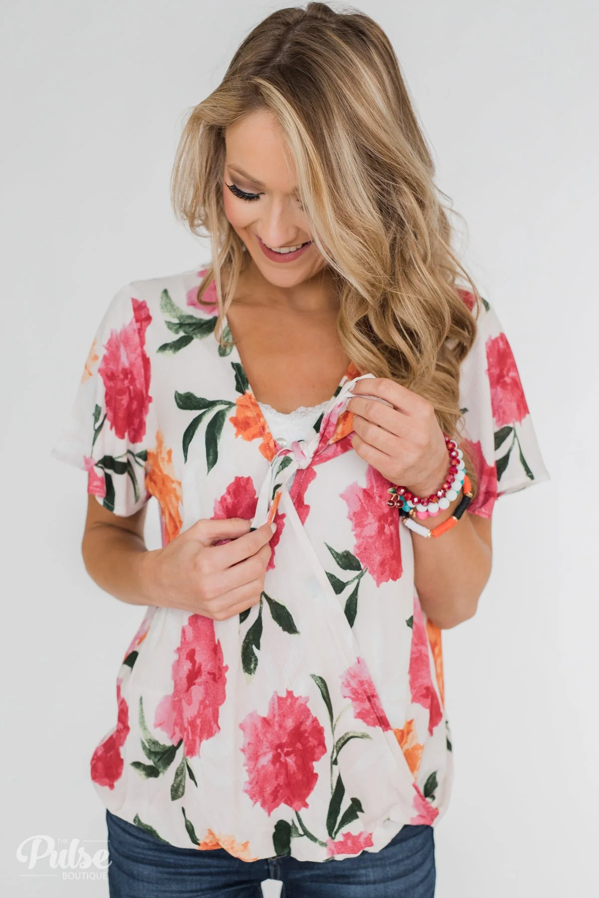 Spring is in the Air Floral Front Tie & Wrap Blouse- Blush - Image 8