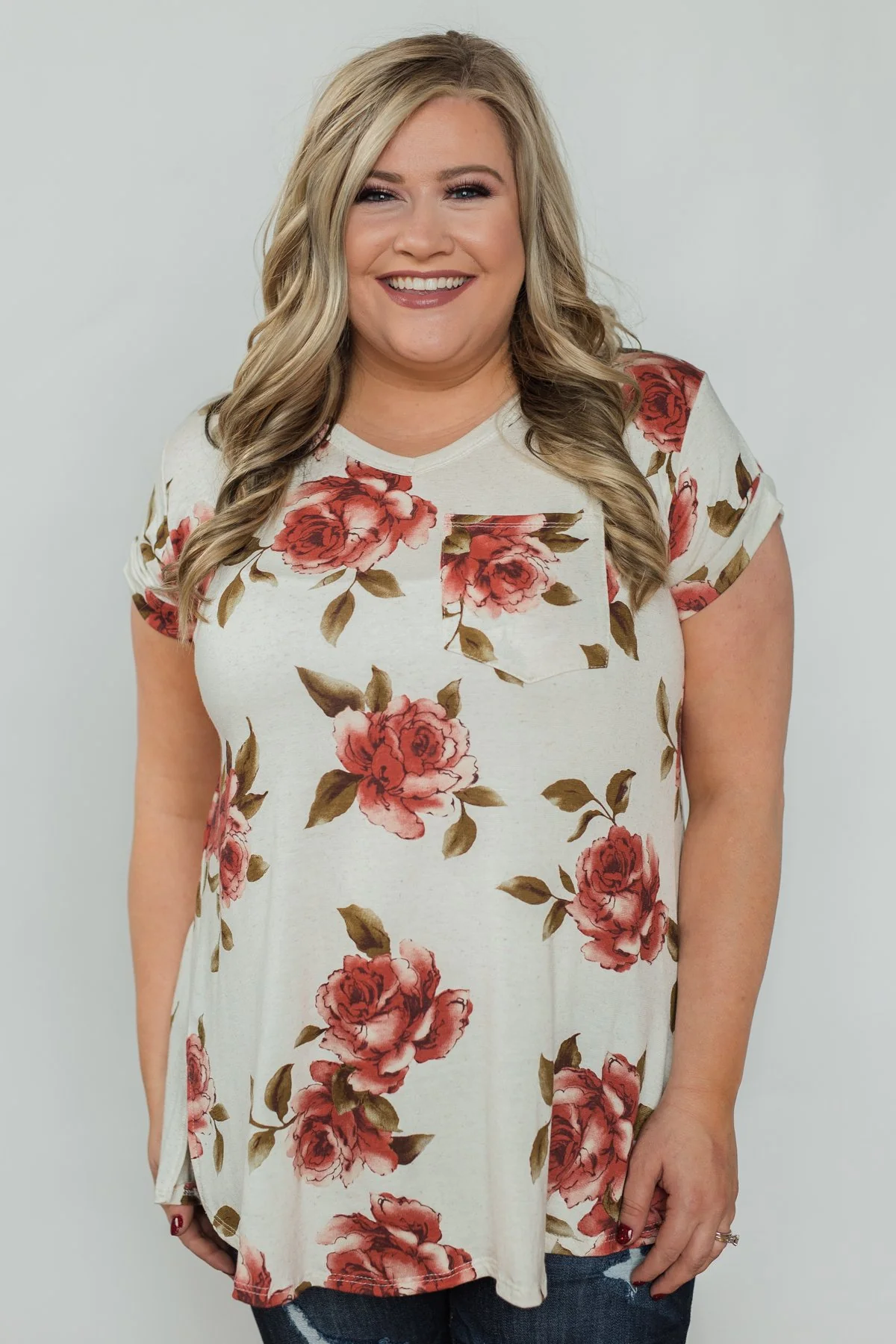 Spring Romance Floral V-Neck Pocket Top- Vanilla - Image 11
