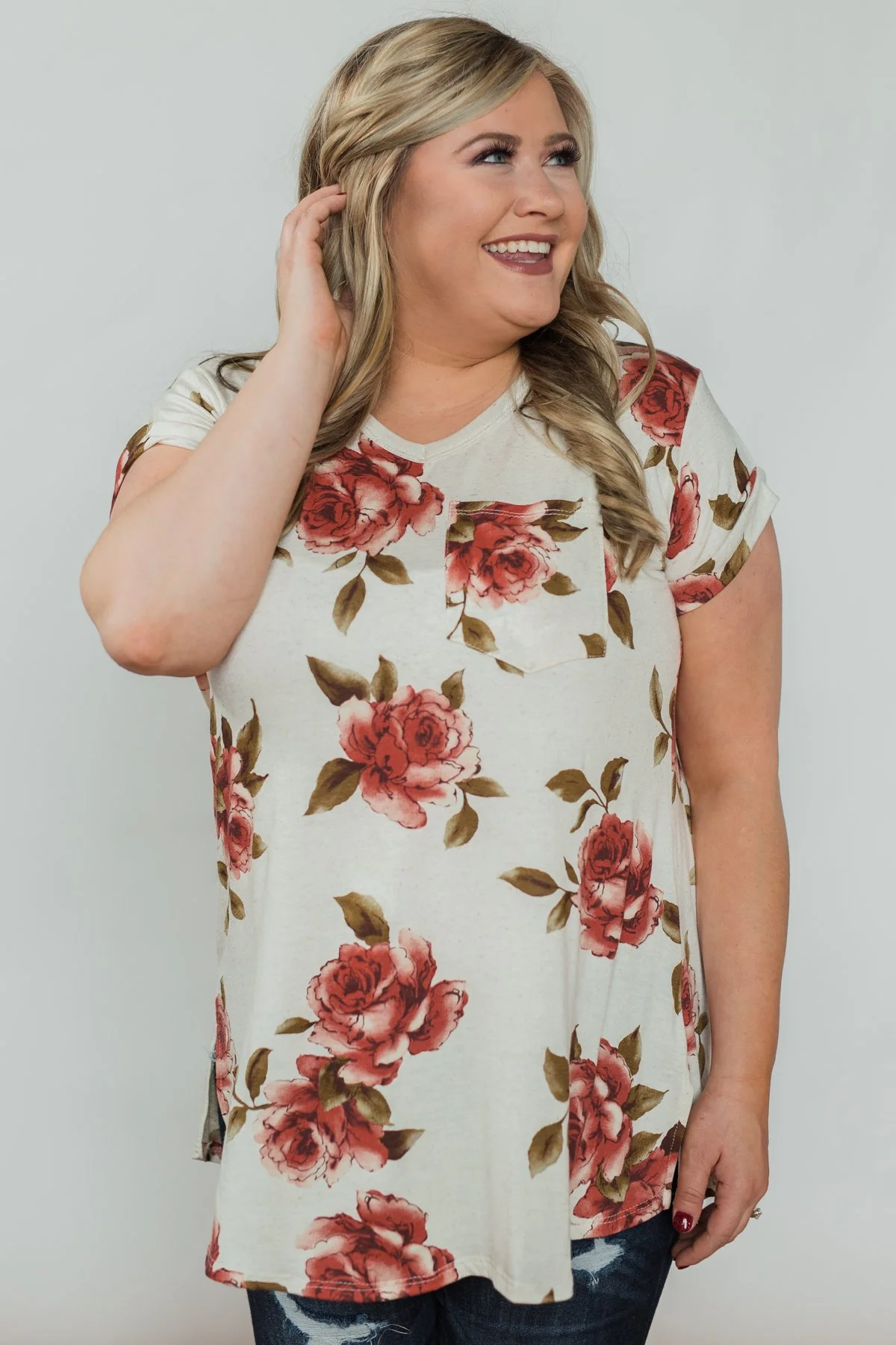 Spring Romance Floral V-Neck Pocket Top- Vanilla - Image 12