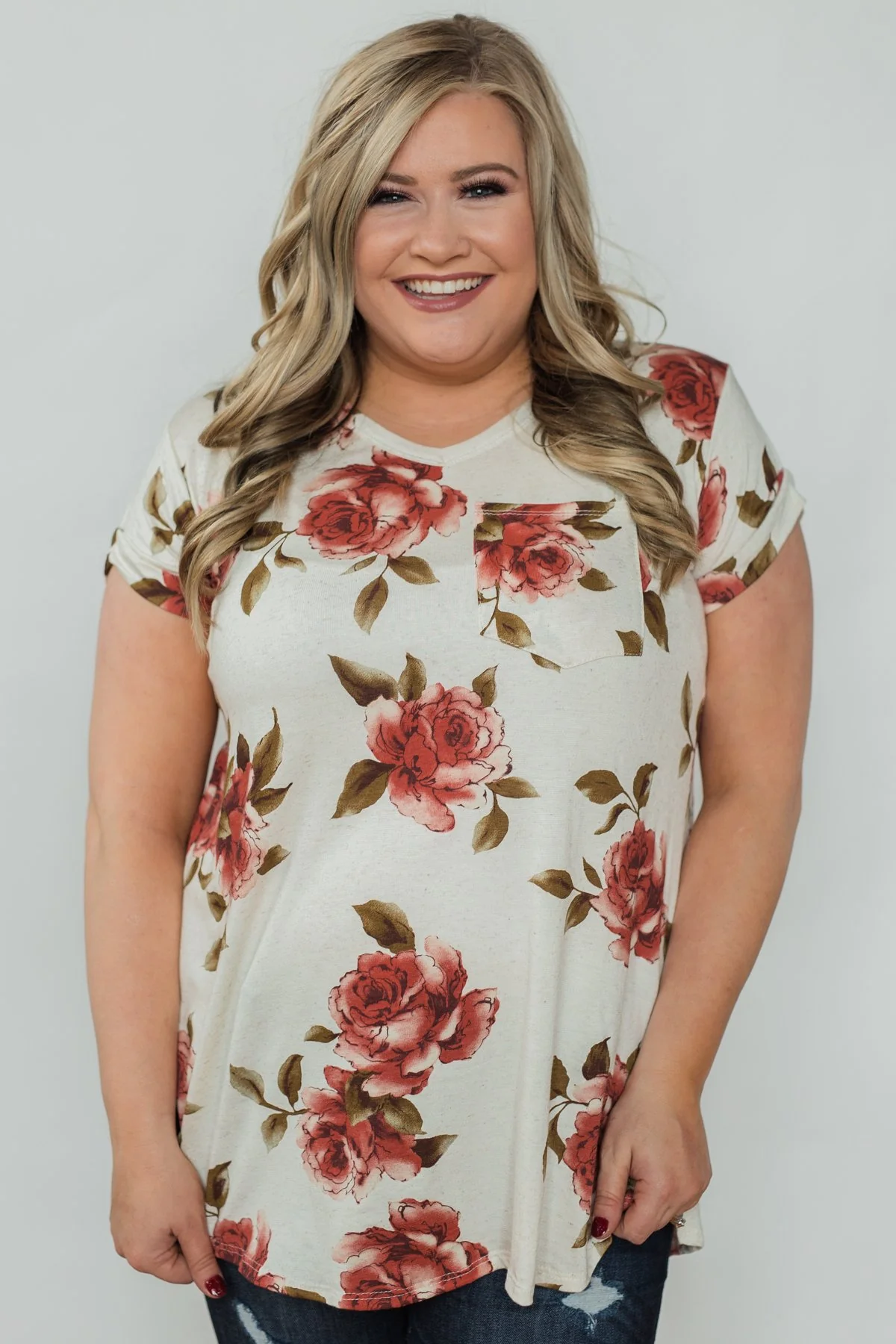 Spring Romance Floral V-Neck Pocket Top- Vanilla - Image 13