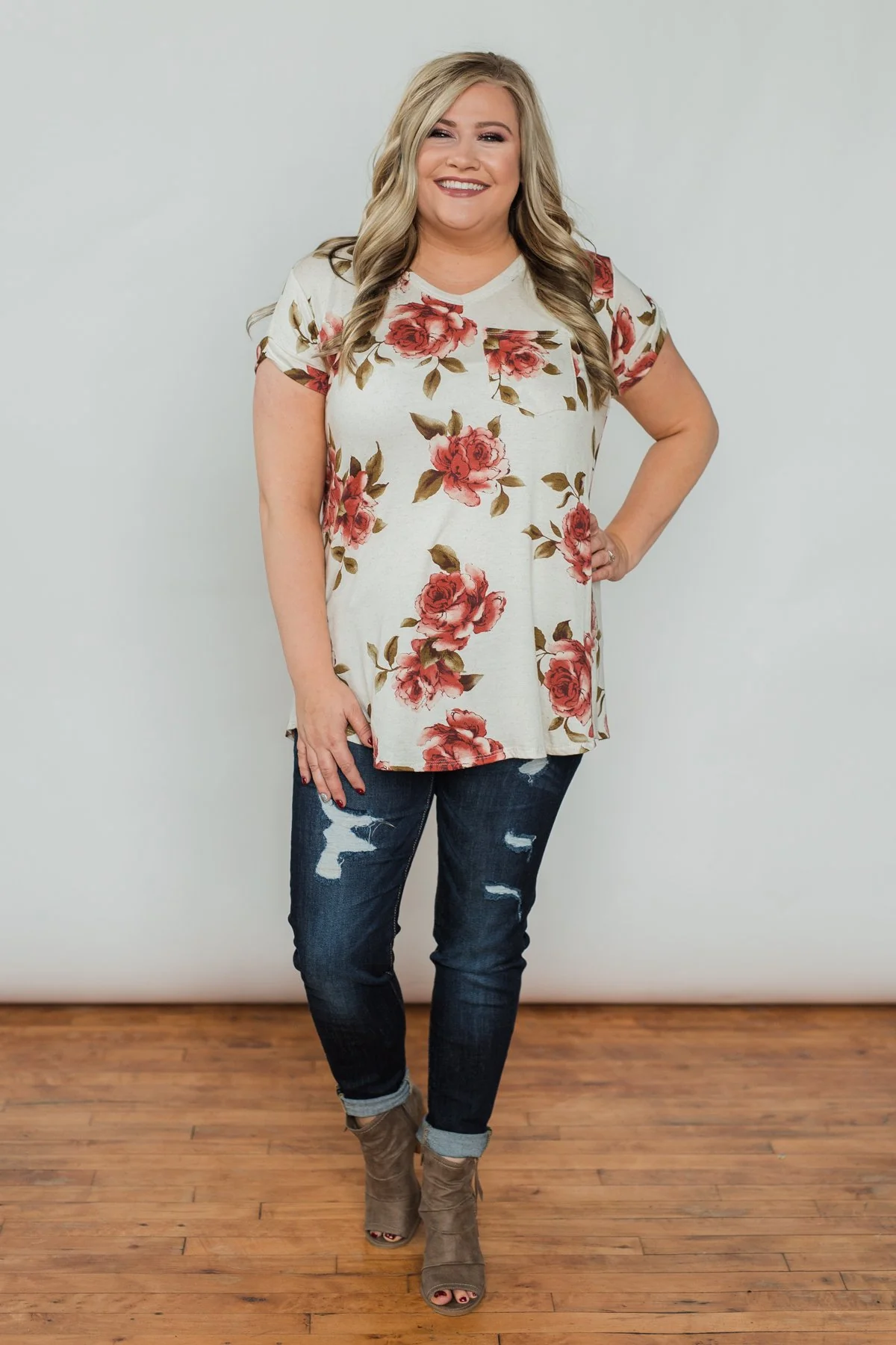 Spring Romance Floral V-Neck Pocket Top- Vanilla - Image 5