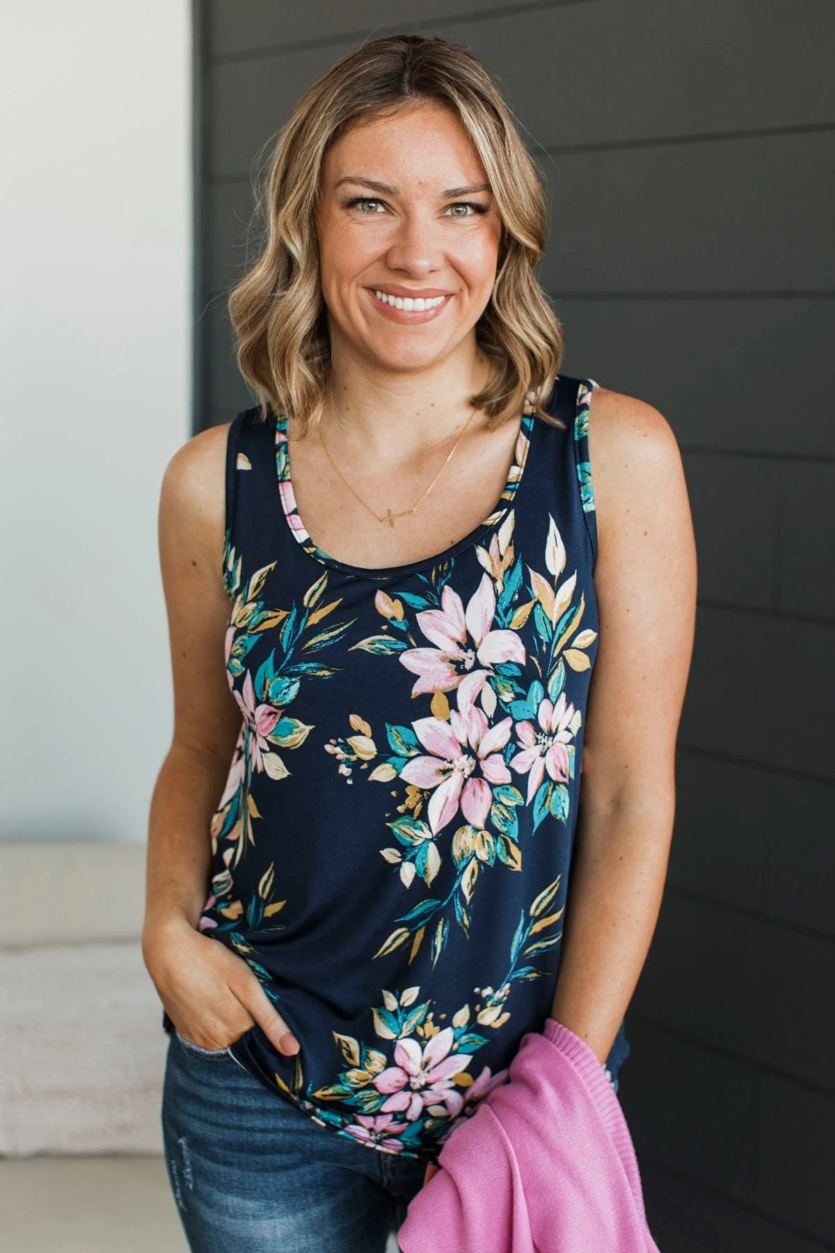 Spring To Life Floral Tank Top- Navy - Image 4
