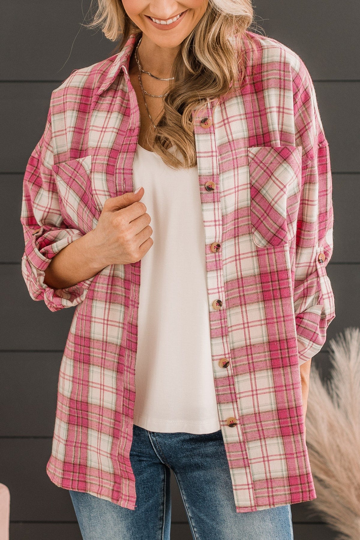 Spring To Mind Plaid Button Top- Pink