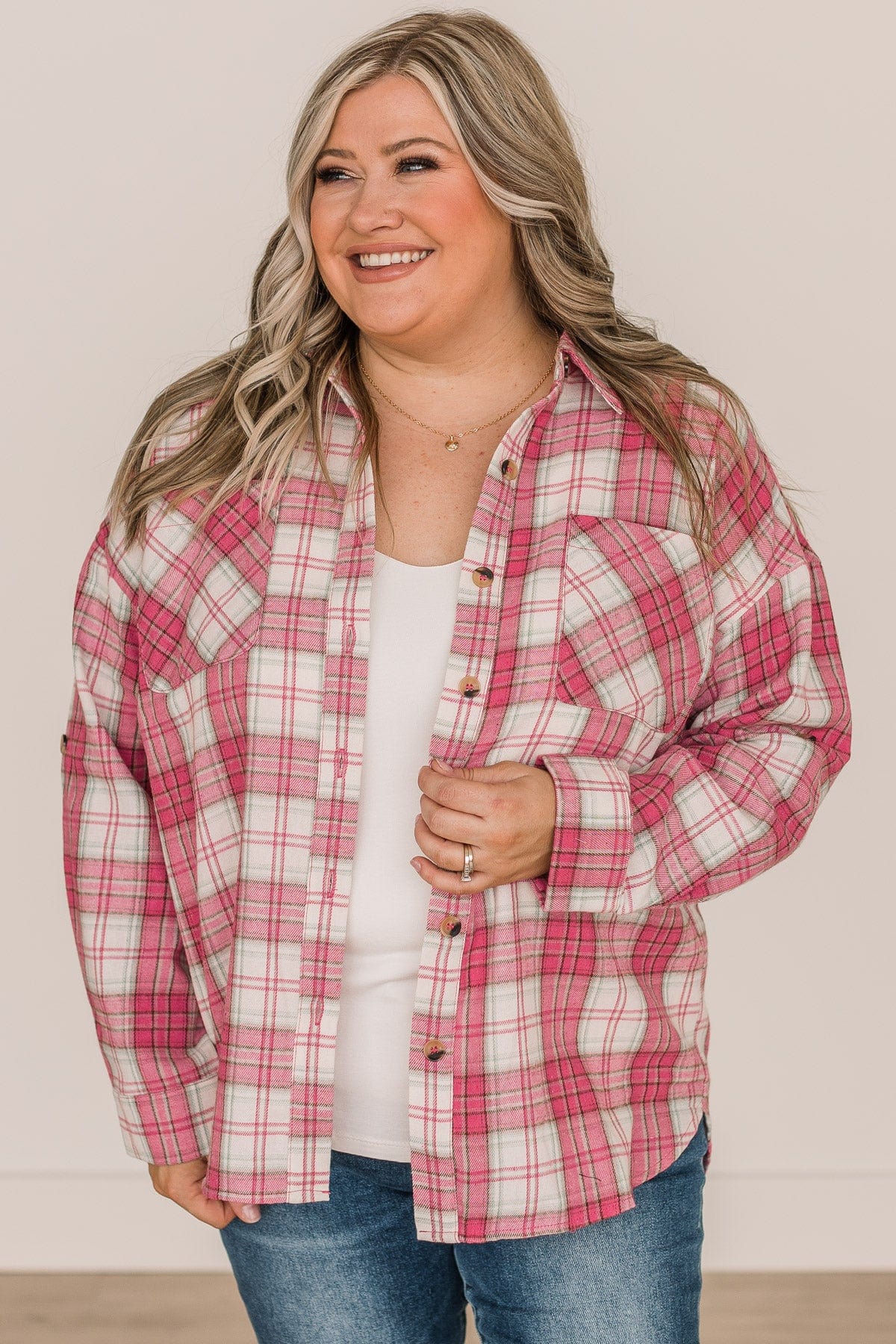Spring To Mind Plaid Button Top- Pink - Image 4