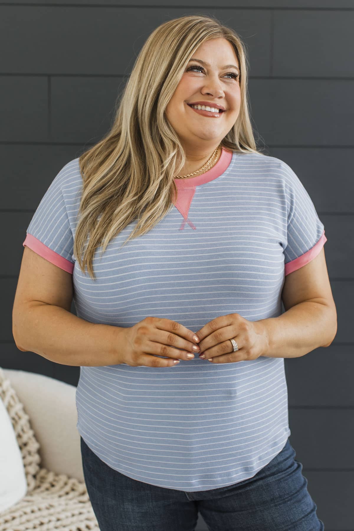 Sprinkles Of Delight Striped Contrast Top- Denim Blue & Pink - Image 3
