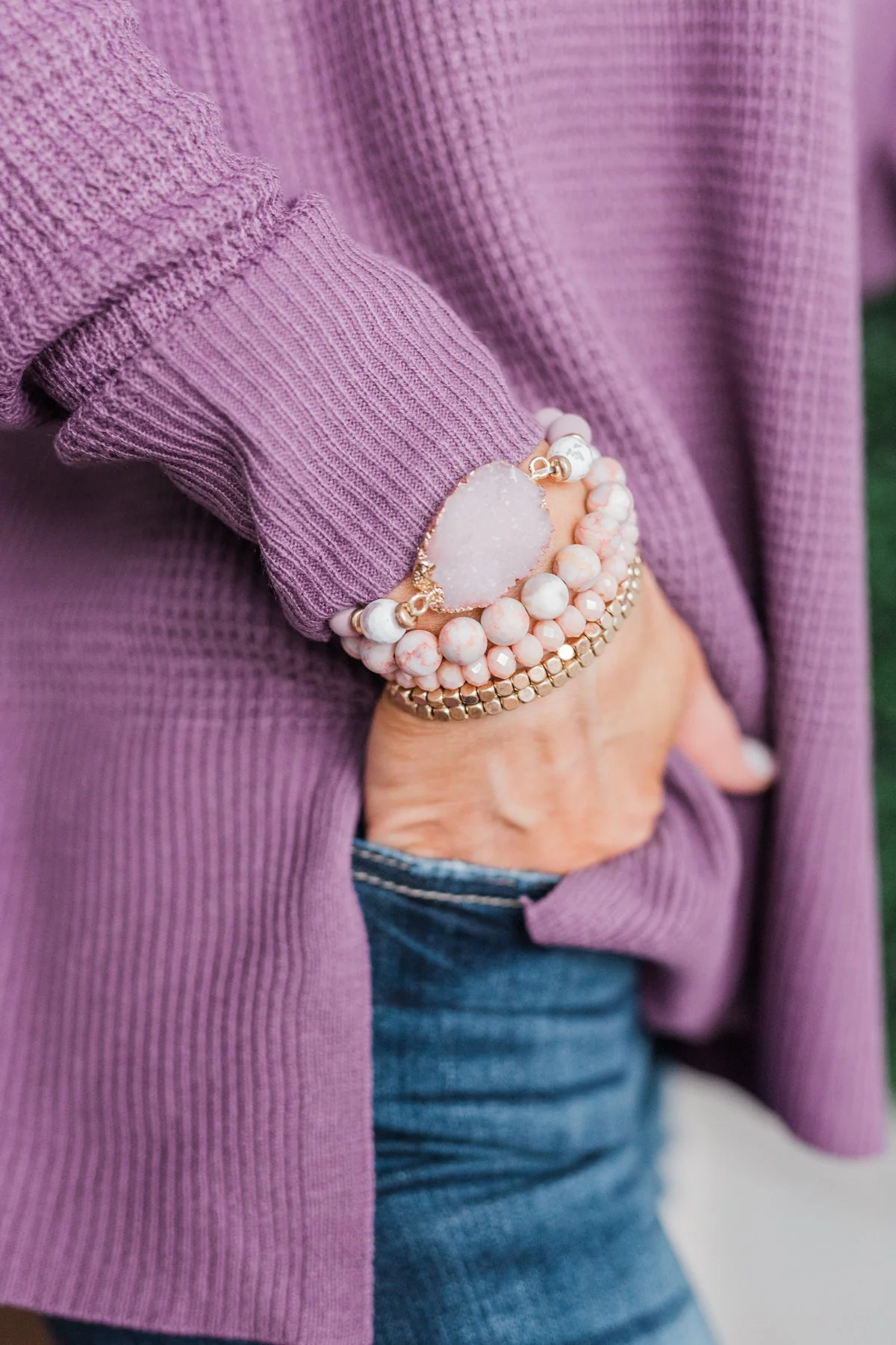 Stackable Crystal & Beaded Bracelet Set- Shades of Pink - Image 2