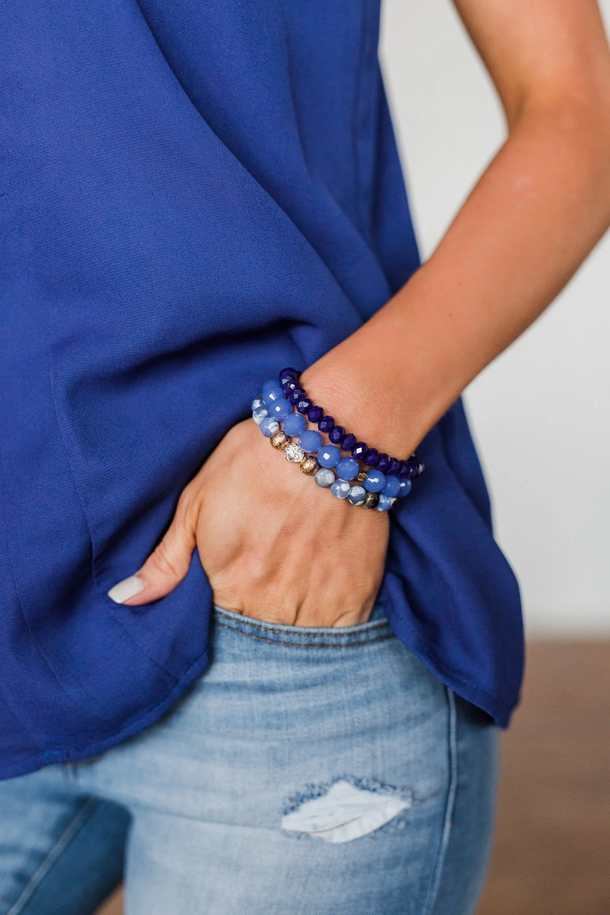 Stackable Gold Accent Beaded Bracelet Set- Blue - Image 2