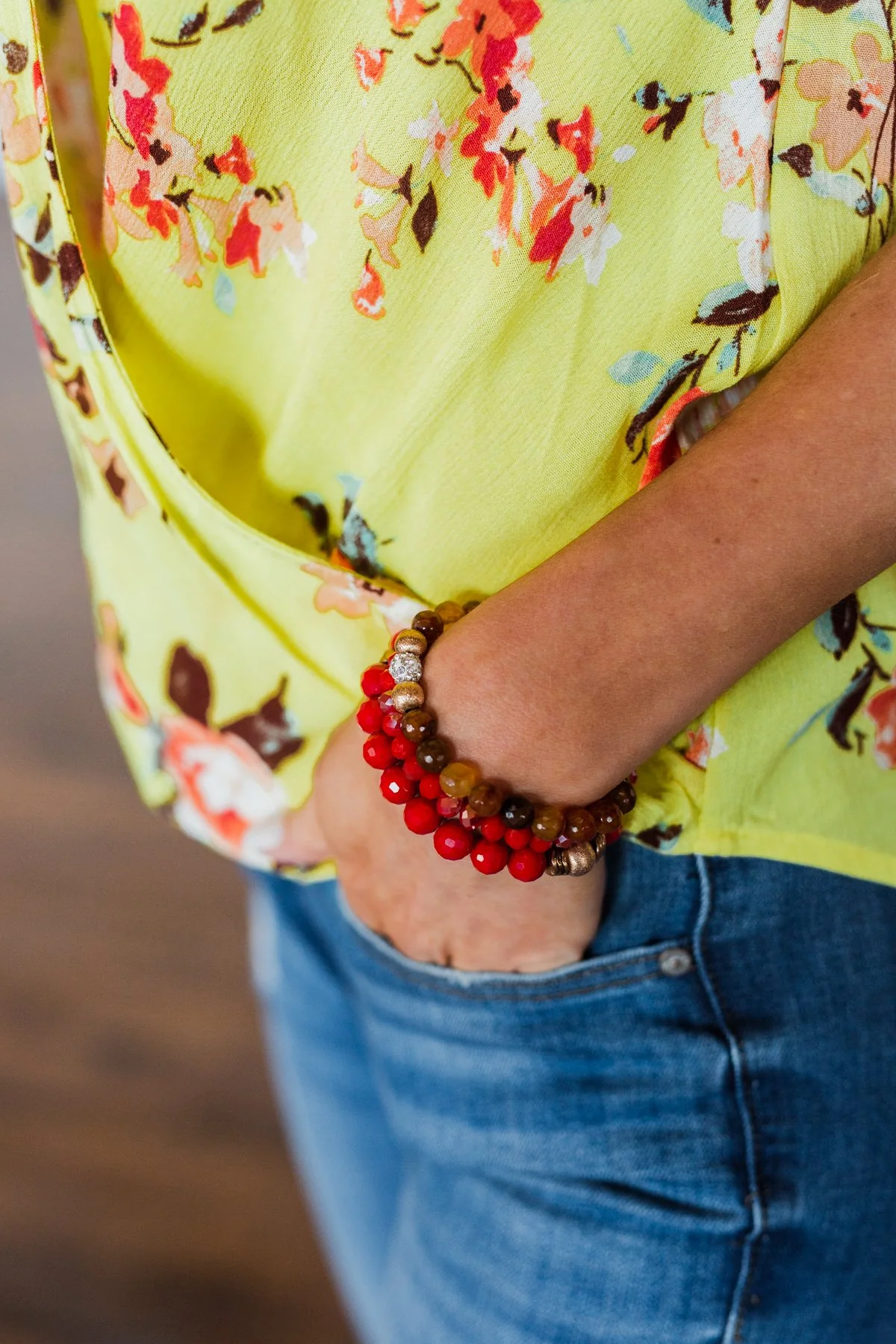 Stackable Gold Accent Beaded Bracelet Set- Red - Image 2