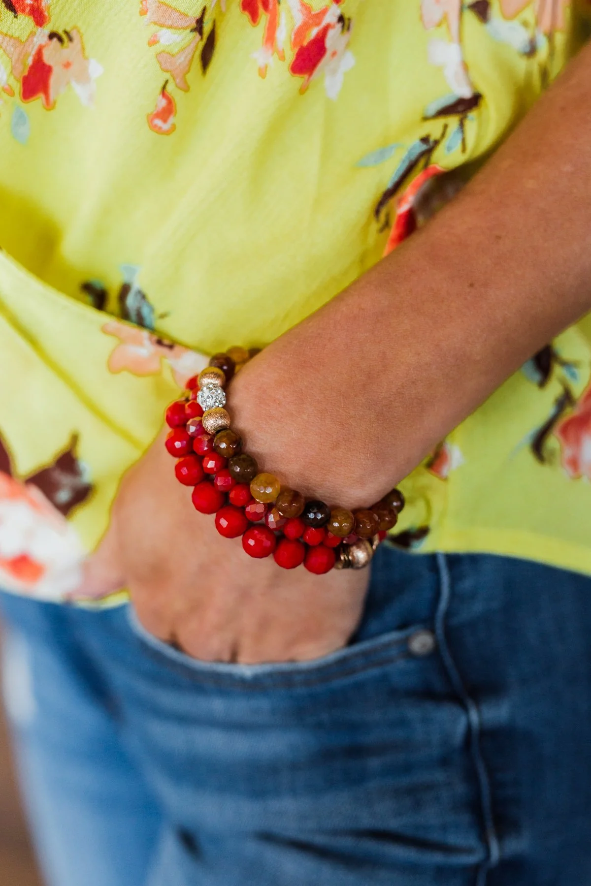 Stackable Gold Accent Beaded Bracelet Set- Red - Image 3