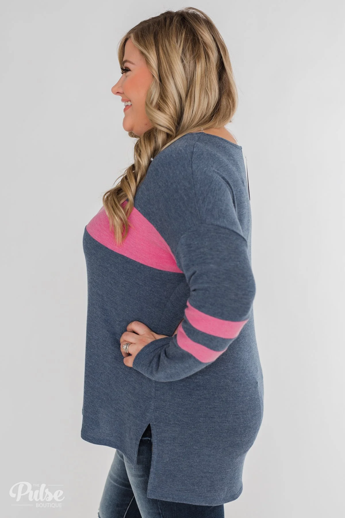 Stages of Comfort Varsity Stripe Sleeve Top- Navy & Pink - Image 10