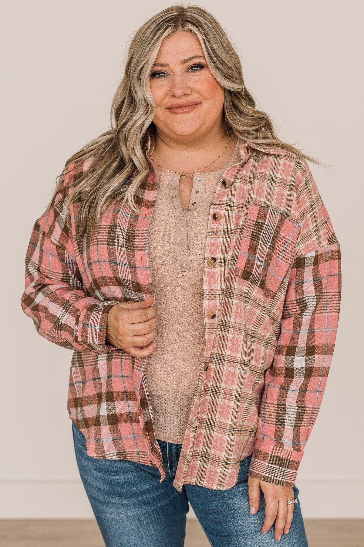 Stand By You Button Down Plaid Top- Pink - Image 2