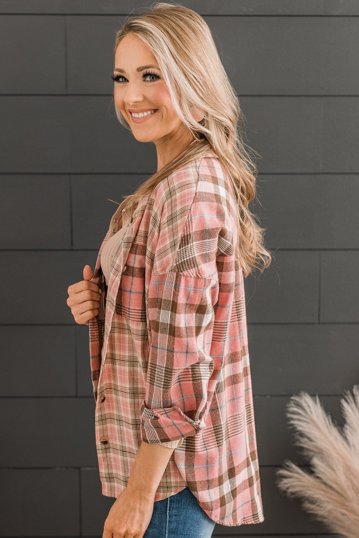 Stand By You Button Down Plaid Top- Pink - Image 4