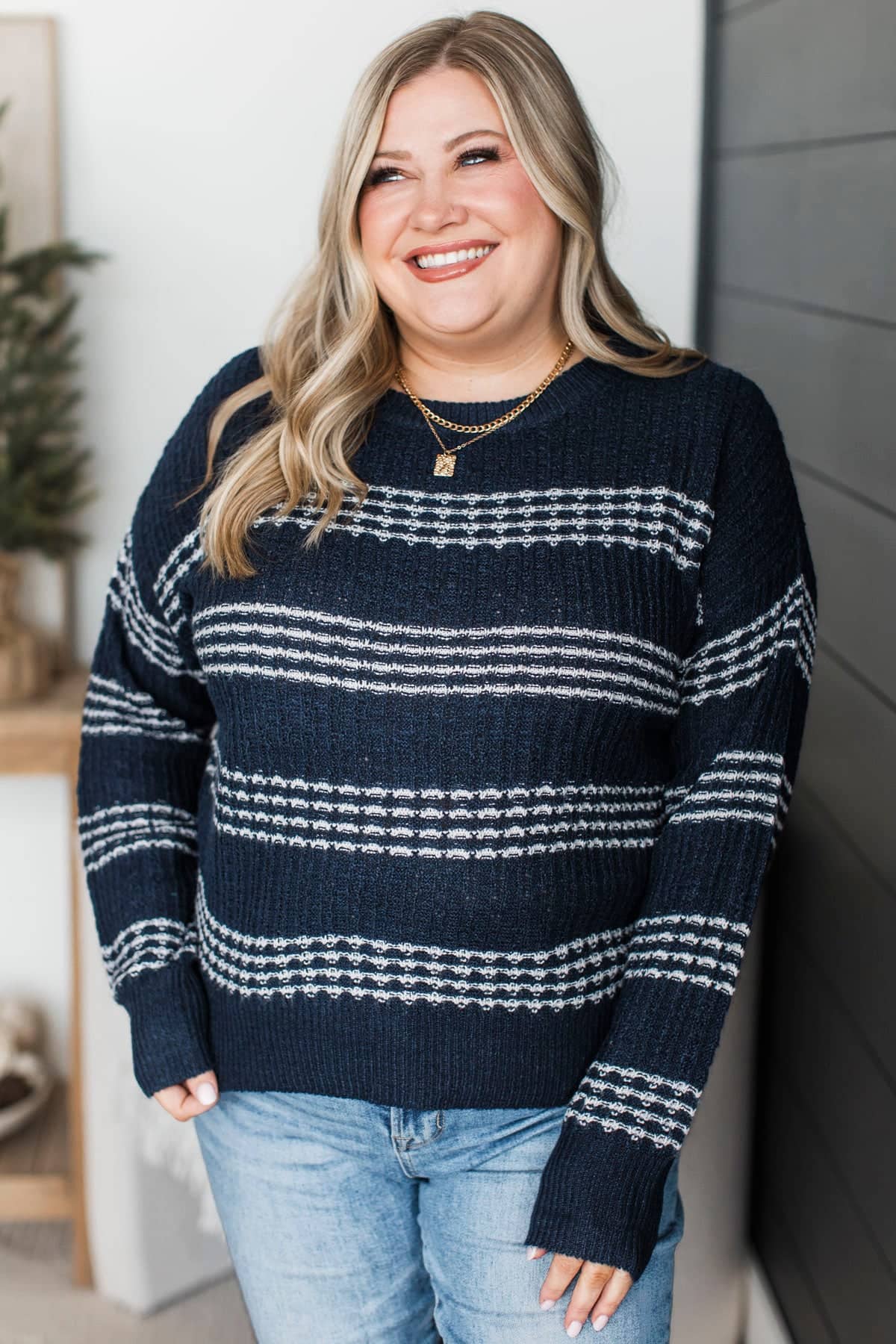 Standing Out Striped Knit Sweater- Navy