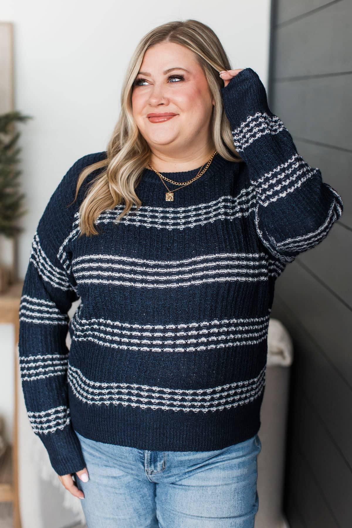 Standing Out Striped Knit Sweater- Navy - Image 3