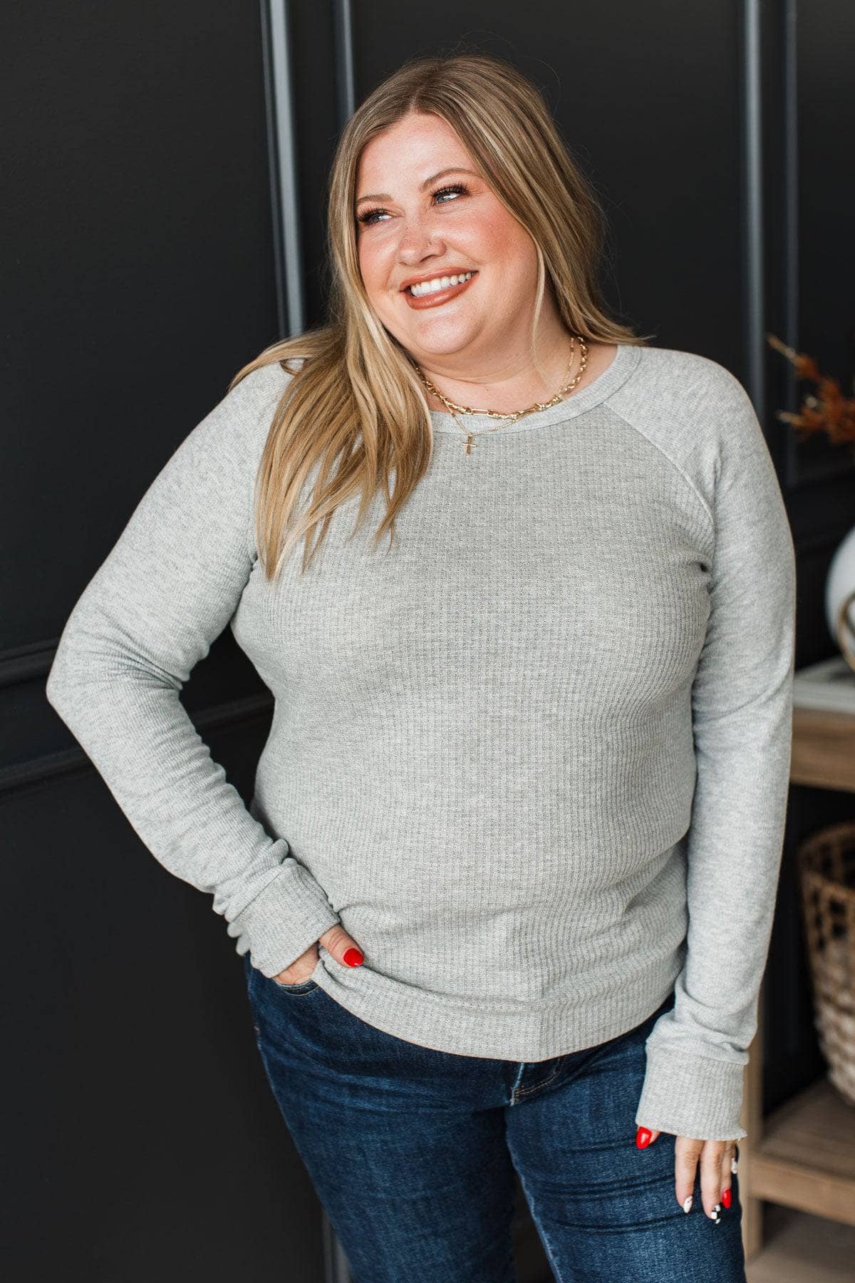Standing Tall Long Sleeve Knit Top- Heather Grey - Image 4