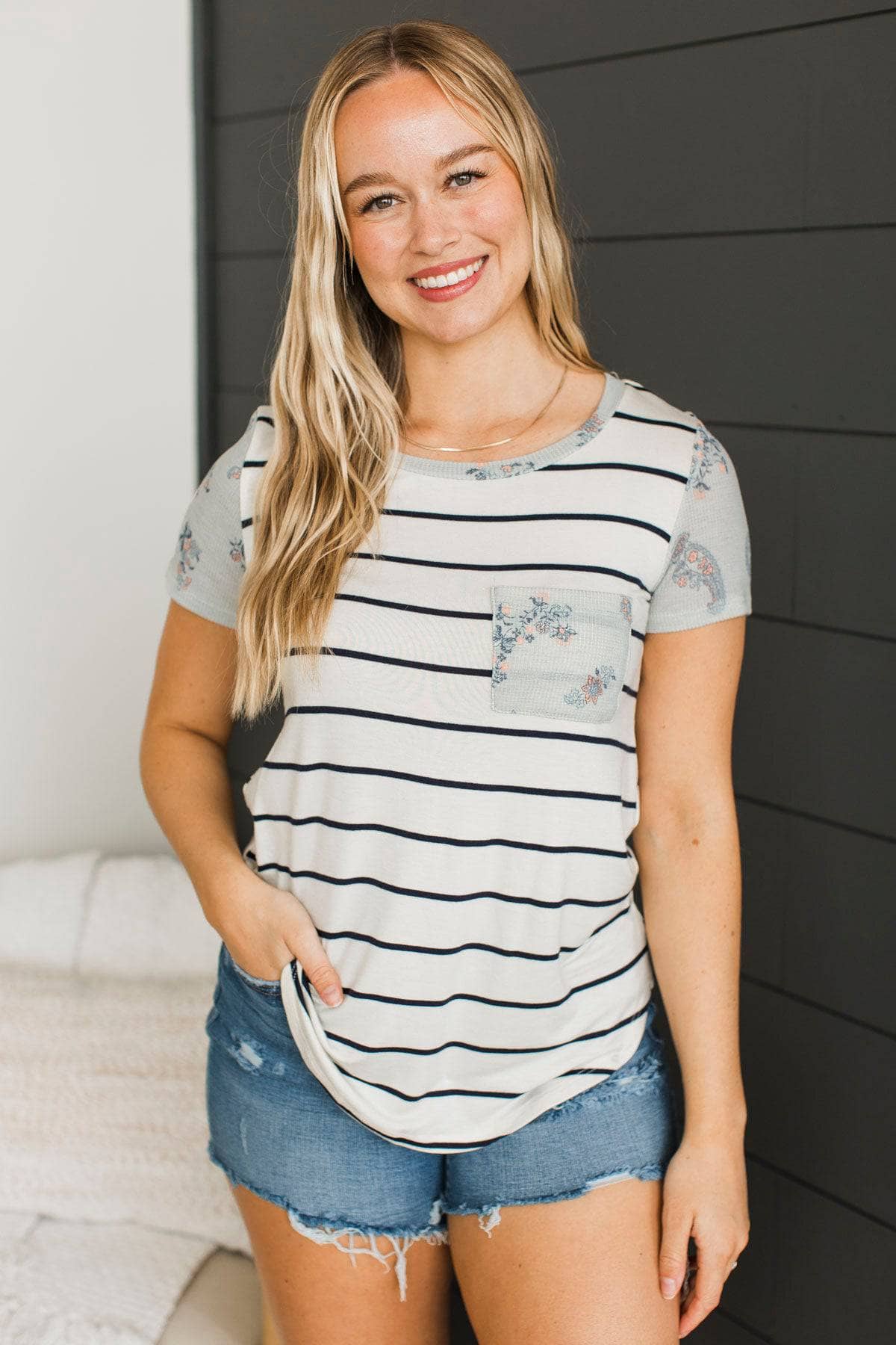 Standing Together Striped Pocket Top- Ivory & Navy - Image 2