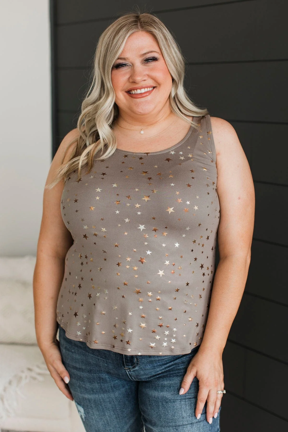 Star Gazing Printed Tank Top- Mocha - Image 2