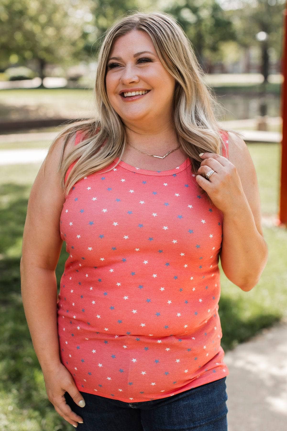 Stargazing With You Printed Tank Top- Light Red - Image 6