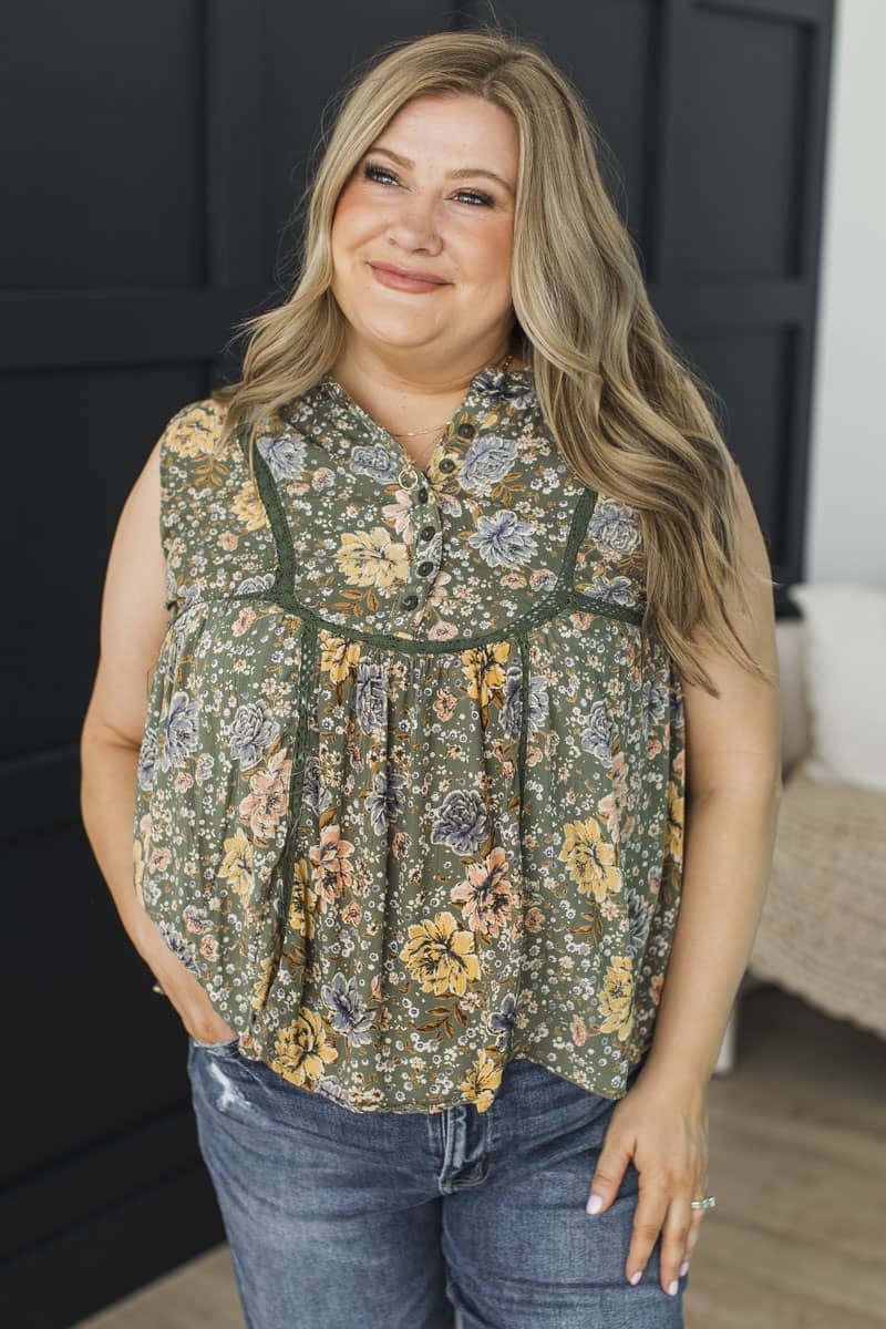 Starlit Wishes Sleeveless Floral Blouse- Olive