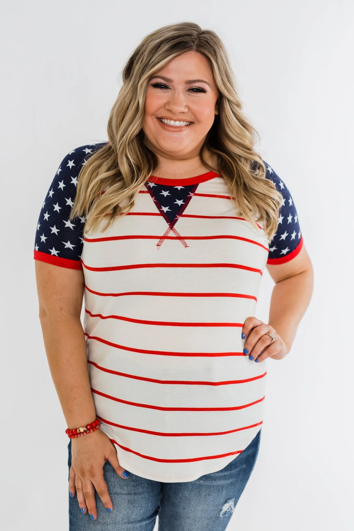 Stars & Stripes Short Sleeve Raglan Top- Red, Ivory, & Navy - Image 2