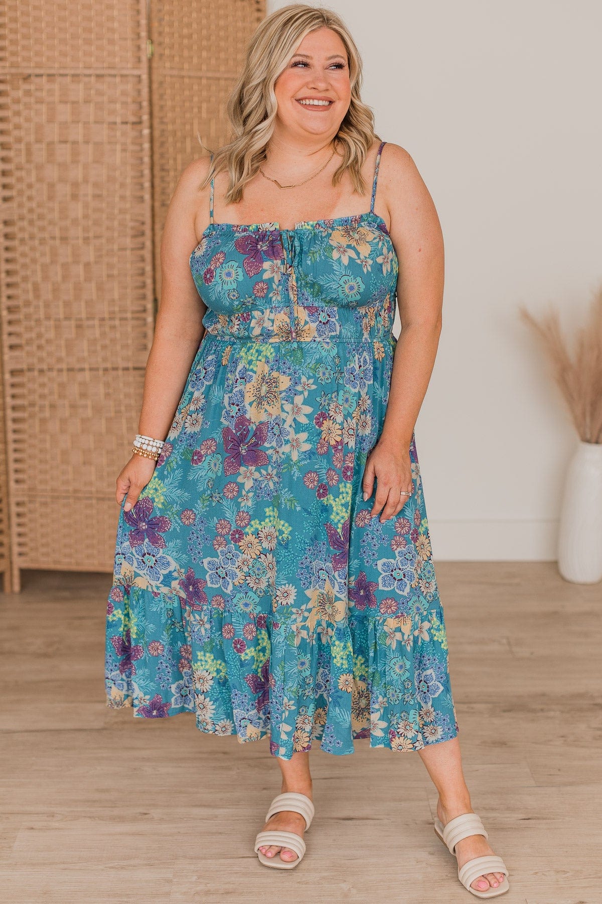 Starts With A Wish Floral Dress- Teal - Image 2