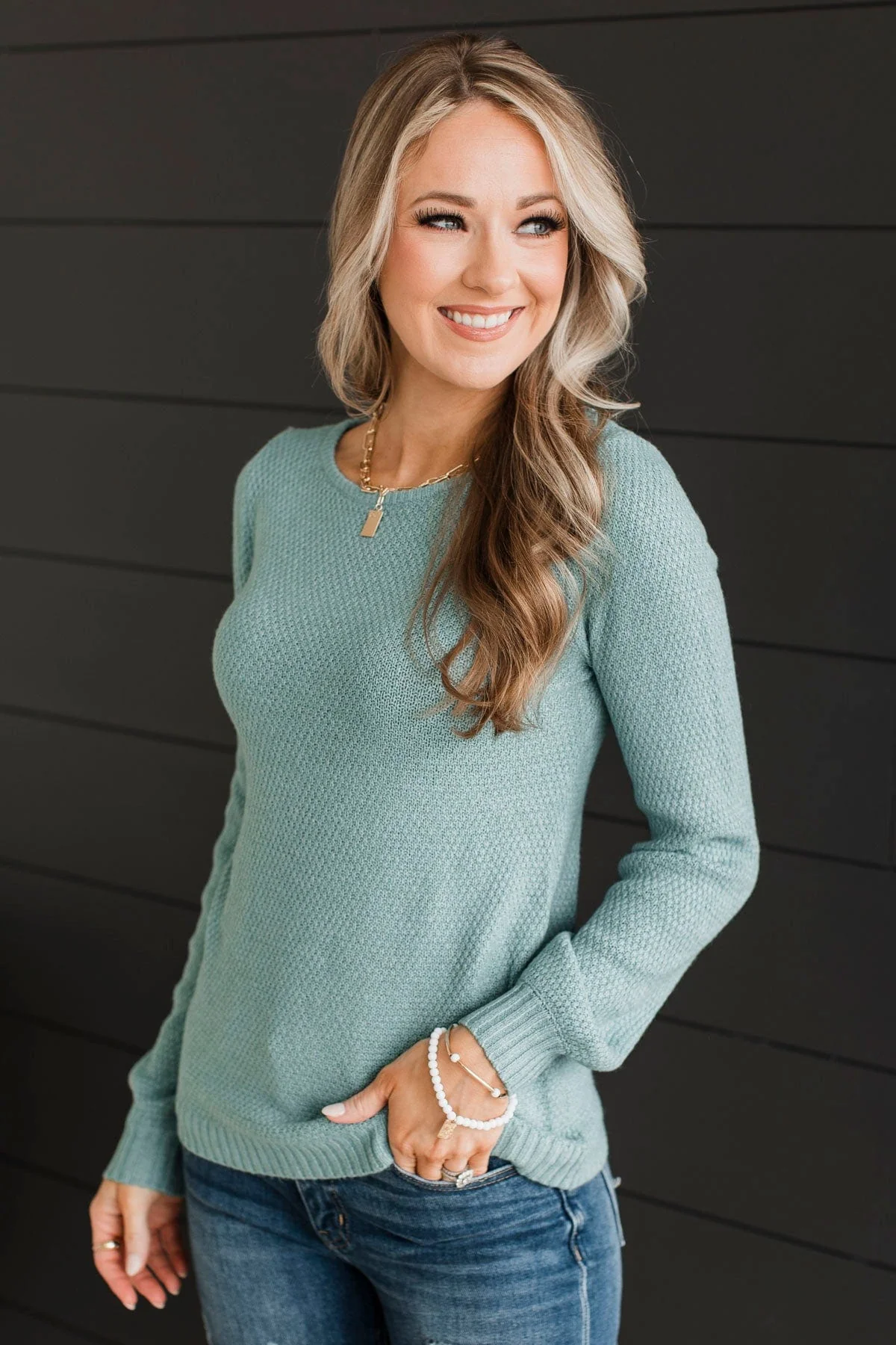 Start Fresh Knit Sweater- Dusty Teal - Image 3