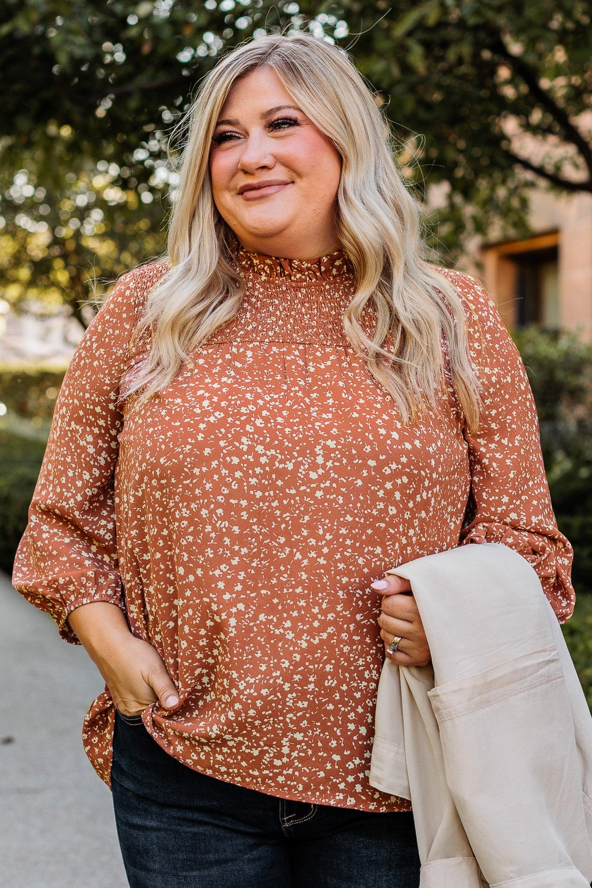 Start Somewhere Smocked Floral Blouse- Clay - Image 3