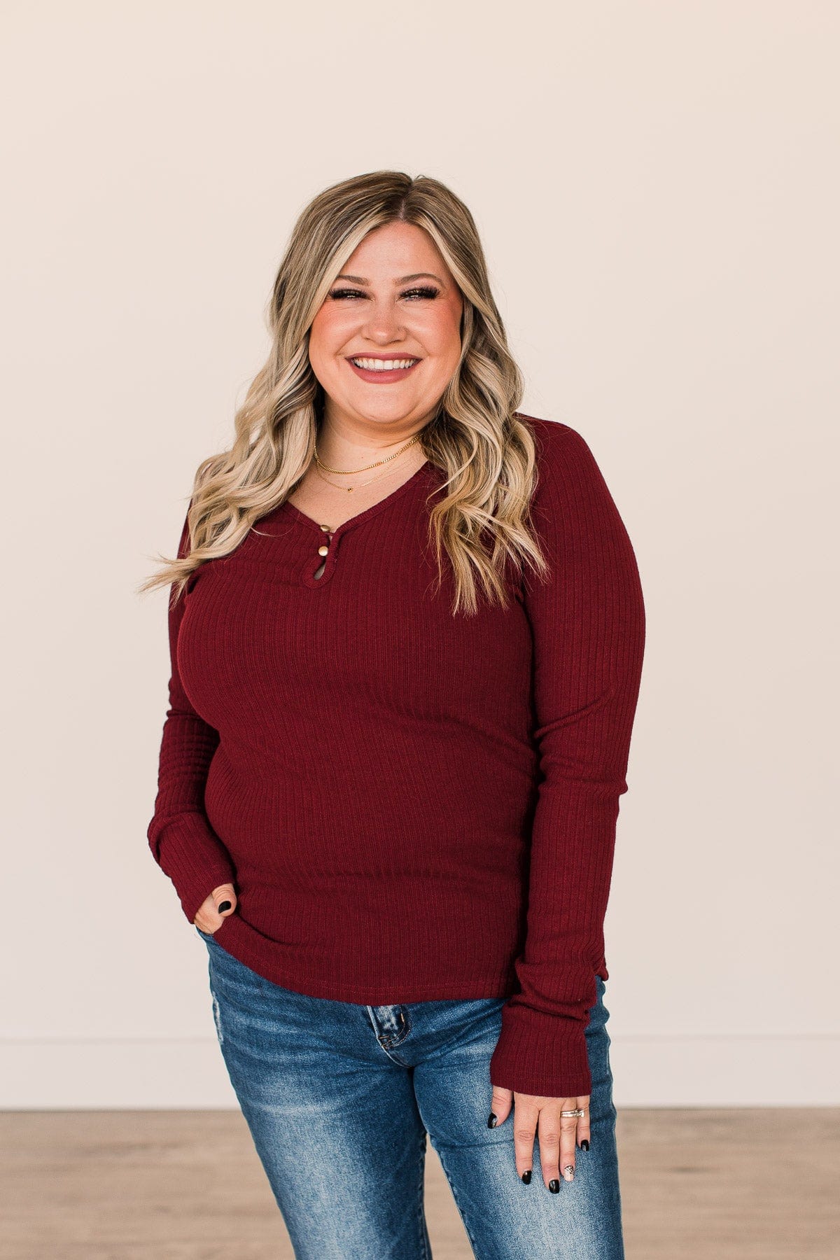 Starting Fresh Ribbed Knit Top- Burgundy - Image 4