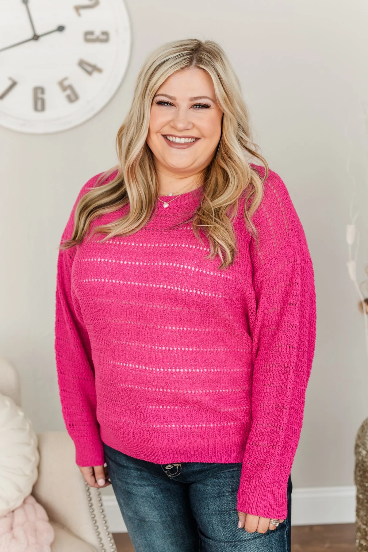 Stay Bright Pointelle Knit Sweater- Hot Pink - Image 4