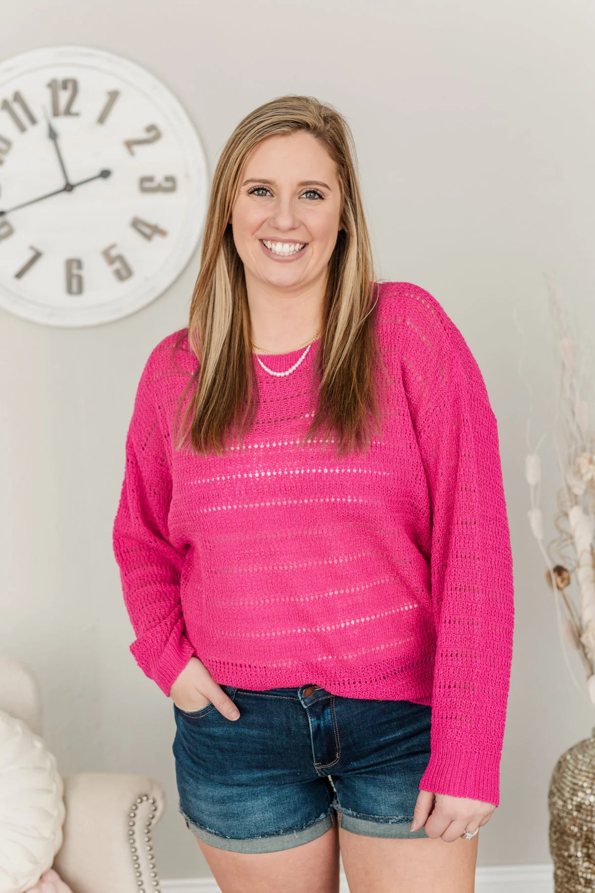 Stay Bright Pointelle Knit Sweater- Hot Pink - Image 5
