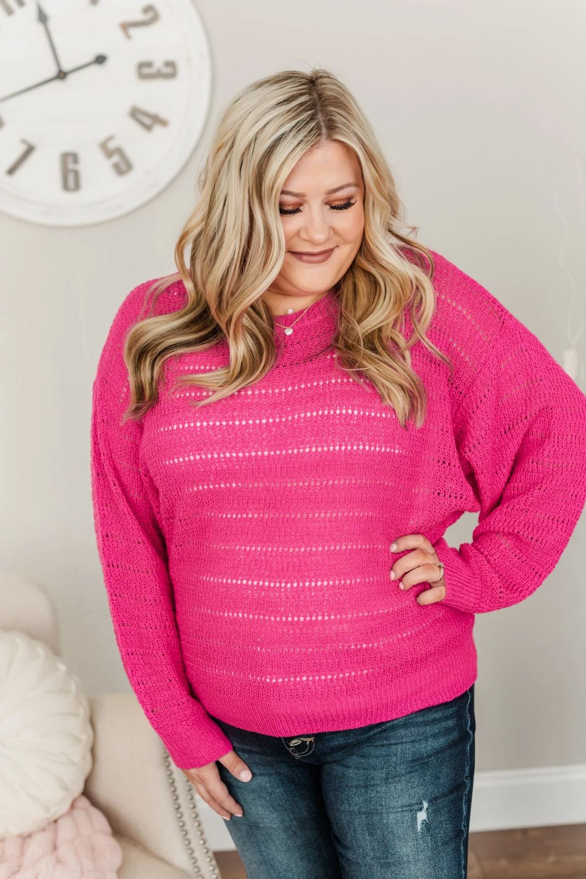 Stay Bright Pointelle Knit Sweater- Hot Pink - Image 6