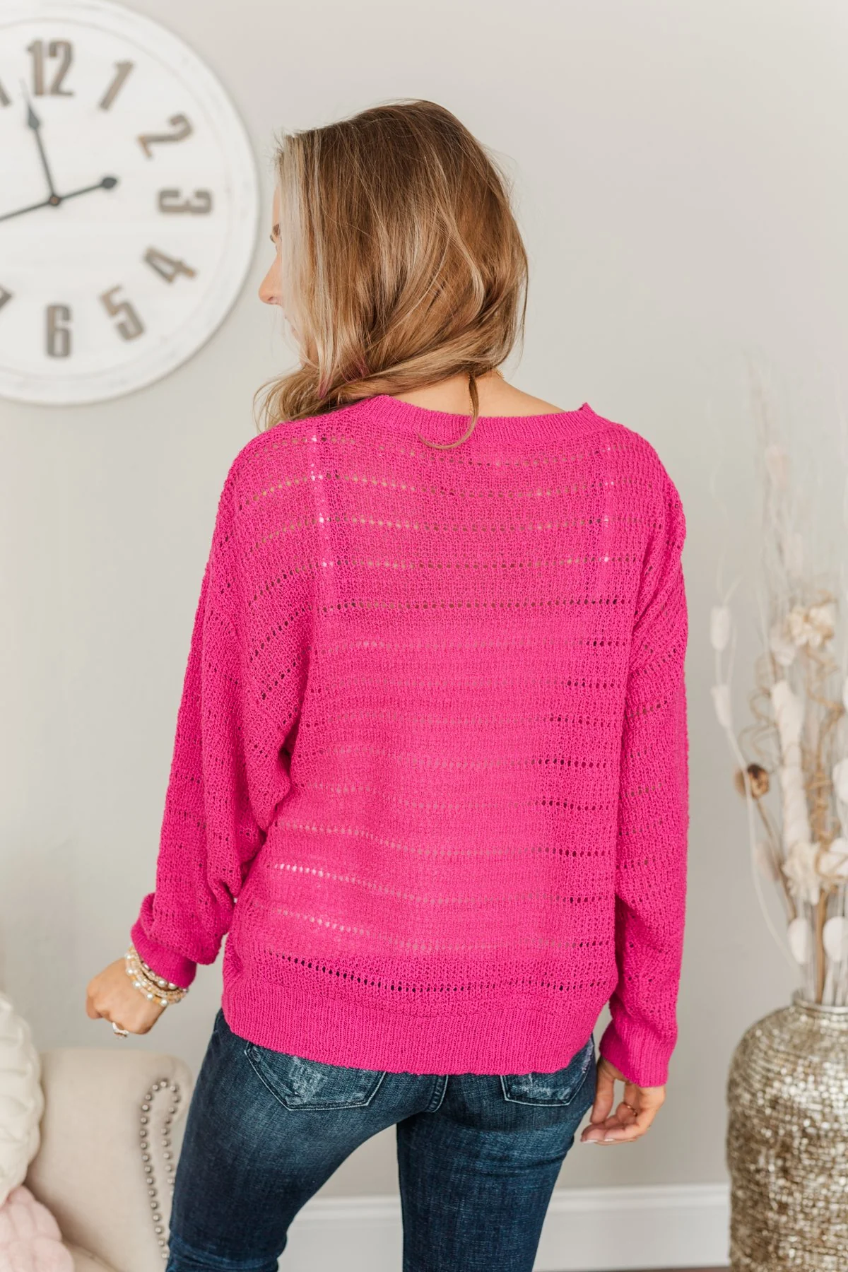 Stay Bright Pointelle Knit Sweater- Hot Pink - Image 7