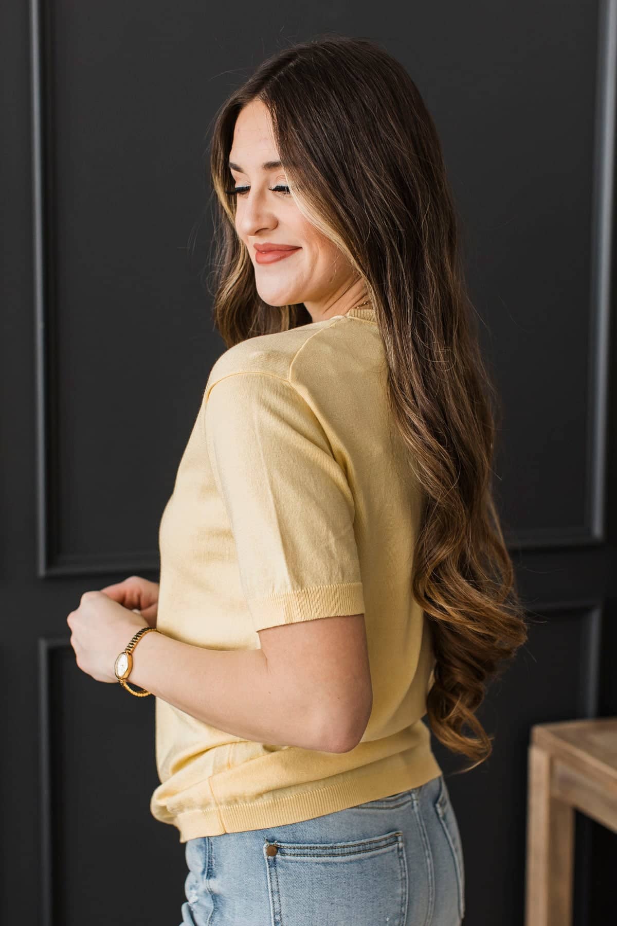 Stay Close Short Sleeve Sweater Top- Lemon - Image 5